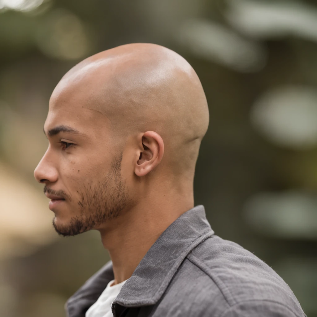 profile of a 23 year old brazilian man, mulatto, no hair, bald, handsome, sexy, happy