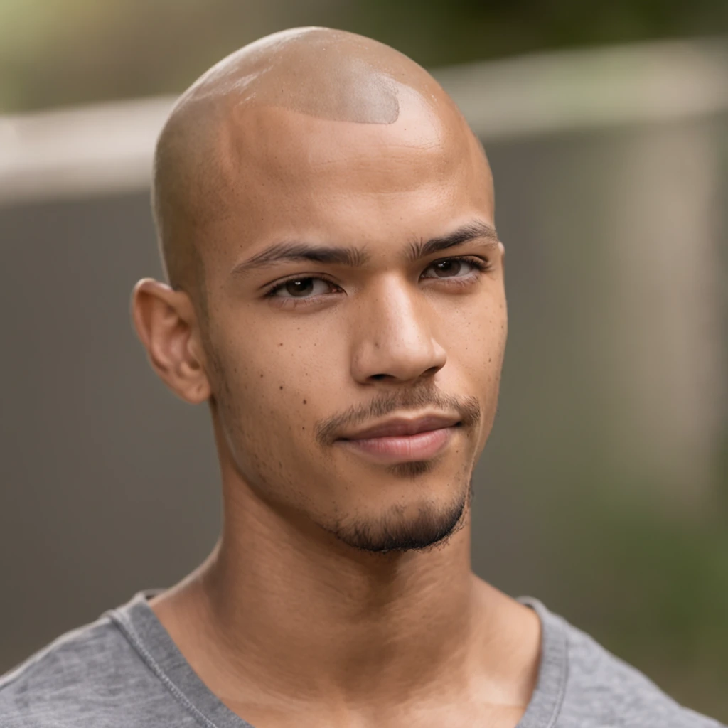 profile of a 23 year old brazilian man, mulatto, no hair, bald, handsome, sexy, happy