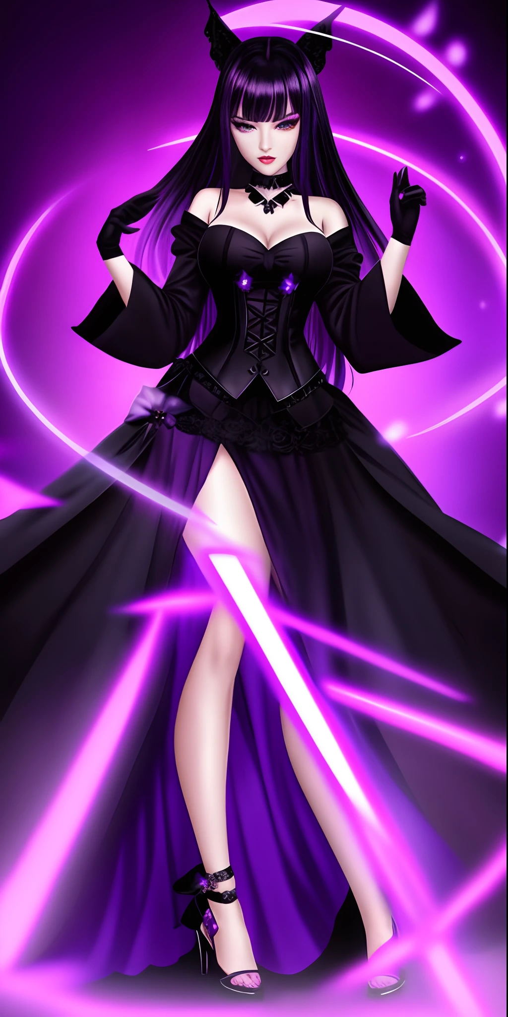 Purple photo room with black dress and woman on purple background, Sensual gloomy style, imvu, second life avatar, lacivious pose, sinister pose, Darkfay, dreamy gothic girl, gothgirl, spellcasting pose, gotik, fashionable dark witch, the witch, secondlife, ((wearing aristocrat robe)), goth vibe