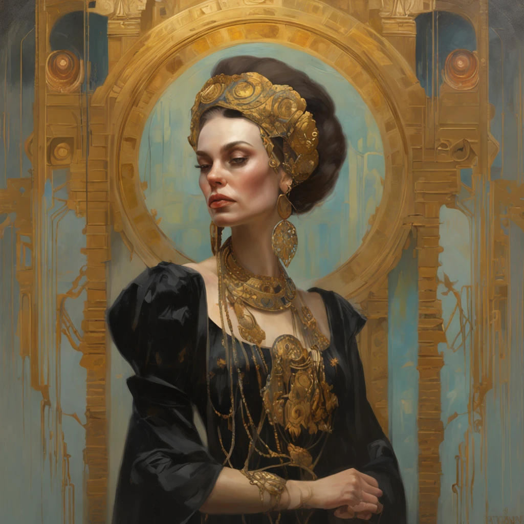 a painting of a woman with a golden headdress and a black dress, Mucha Klimt et Tom Bagshaw, Bel art UHD 4 K, 4k highly detailed digital art, exquisite digital illustration, WLOP complexe, art nouveau! Cyberpunk! style, 4k detailed digital art, Mucha style 4K, Jen Bartel, cyberpunk art nouveau