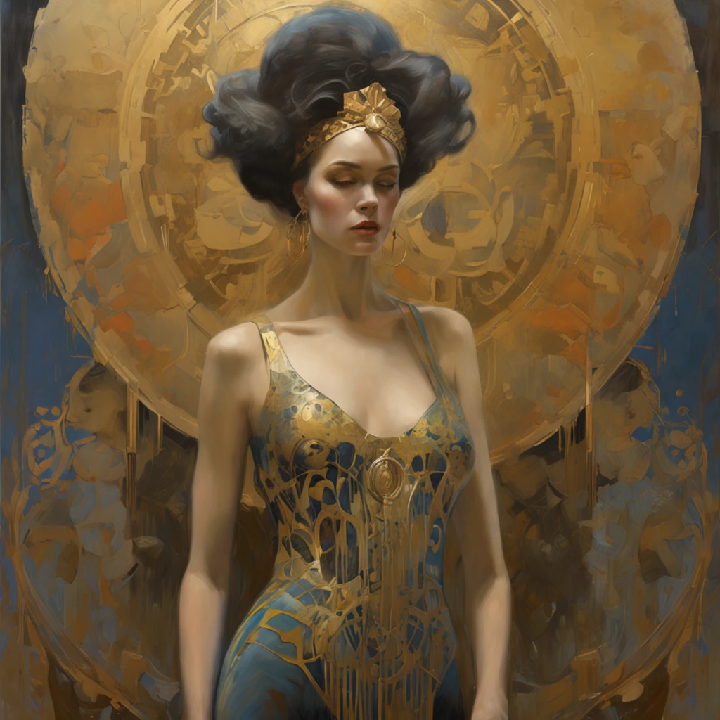 a painting of a woman with a golden headdress and a black dress, Mucha Klimt et Tom Bagshaw, Bel art UHD 4 K, 4k highly detailed digital art, exquisite digital illustration, WLOP complexe, art nouveau! Cyberpunk! style, 4k detailed digital art, Mucha style 4K, Jen Bartel, cyberpunk art nouveau