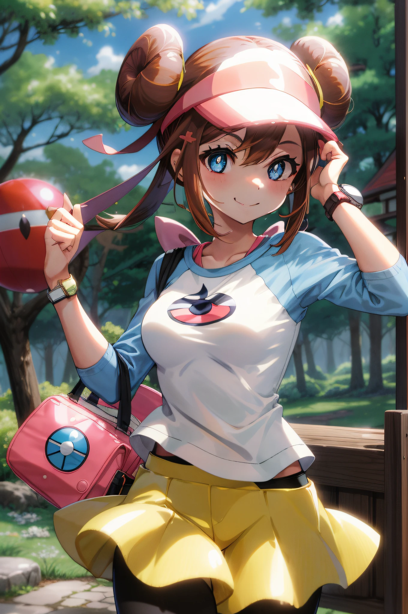 masutepiece,Best Quality,1girl in,RO1,Hair bun,Blue eyes,Twin-tailed,Visor Cap,pantyhose,raglan sleeves,Yellow shorts,Shirt,pink bows,wrist watch,Smile,tussock,Holding a Poké Ball,