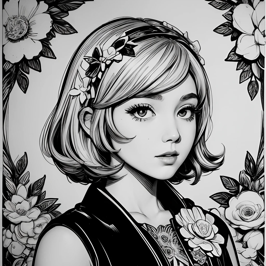 Black and white stick figure 1 girl with flowers,  lots of flowers in background, loli in dress with flowers, its fine ink line art, comic style, portrait of ploynesian girl, Marilyn Munroe, Hollywood glam, beautiful line art, black and white comic style, manga style, manga art style, pencil and ink caricature drawing, black and white coloring