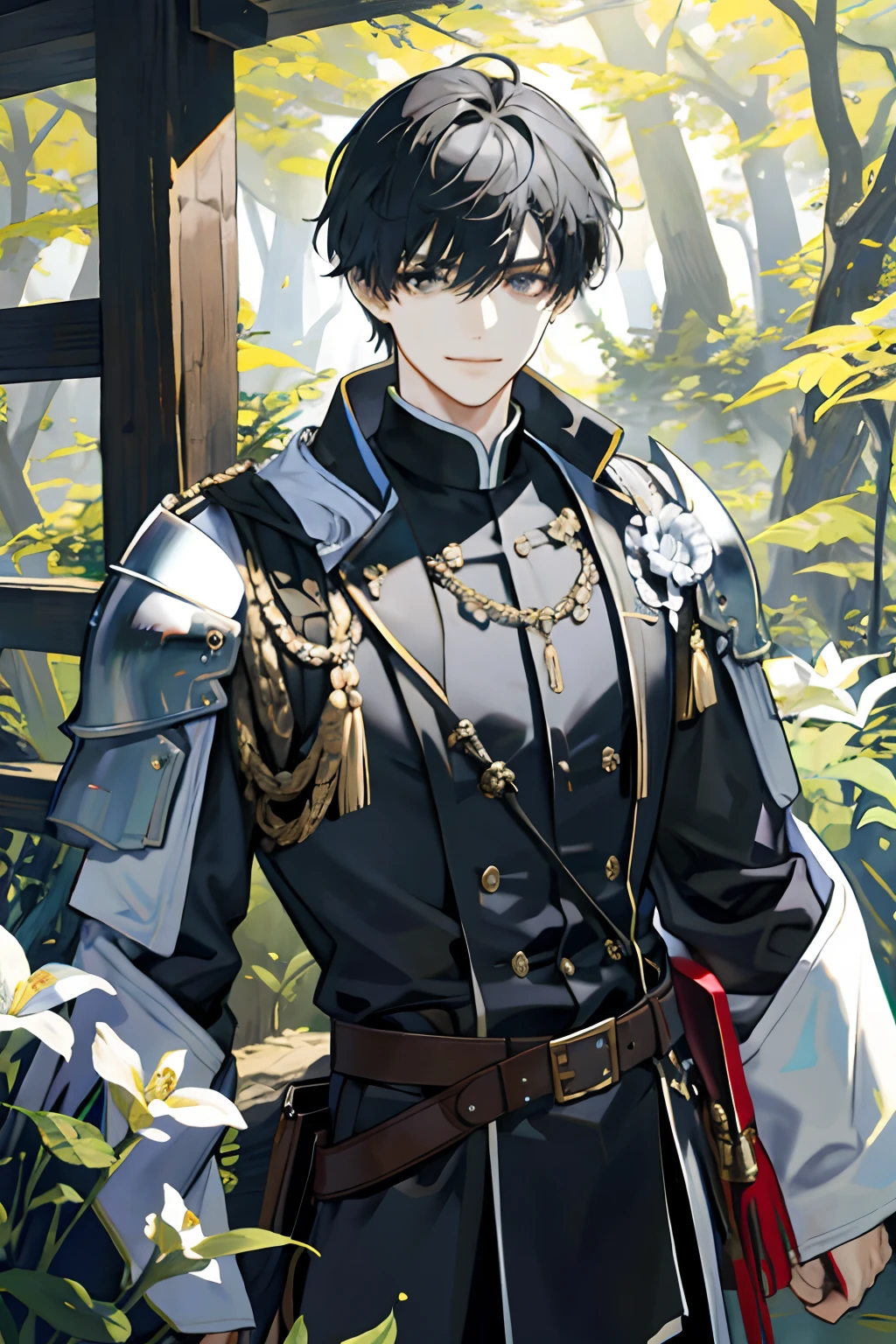 ((巨作: 1.2, Best Quality)), 2 Men, old man, Nice middle, Muscular, Gallant, strong, Black Knight, black short hair, Uniform, White robe, Scar on the right eye, Black Armor, fantaisie, forest, Blooming flowers, sunbeams, Wonderful light and shadow, landscape, extremely detailed face, portrait, smile