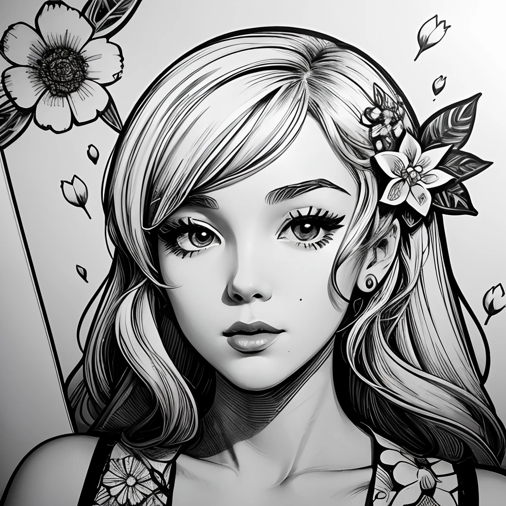 Black and white stick figure 1 girl with flowers,  lots of flowers in background, loli in dress with flowers, its fine ink line art, comic style, portrait of ploynesian girl, Marilyn Munroe, Hollywood glam, beautiful line art, black and white comic style, manga style, manga art style, pencil and ink caricature drawing, black and white coloring