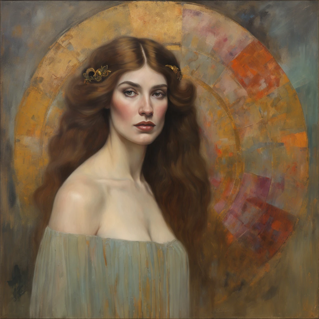 painting of a woman with a long hair and a black dress, mucha klimt and tom bagshaw, albert lynch, inspired by Gaetano Previati, gustav klimt 4 k, gustav klimt 4k, gustav klimt style, pre - raphaelite beautiful, hyperrealistic art nouveau, pre-raphaelite oil painting