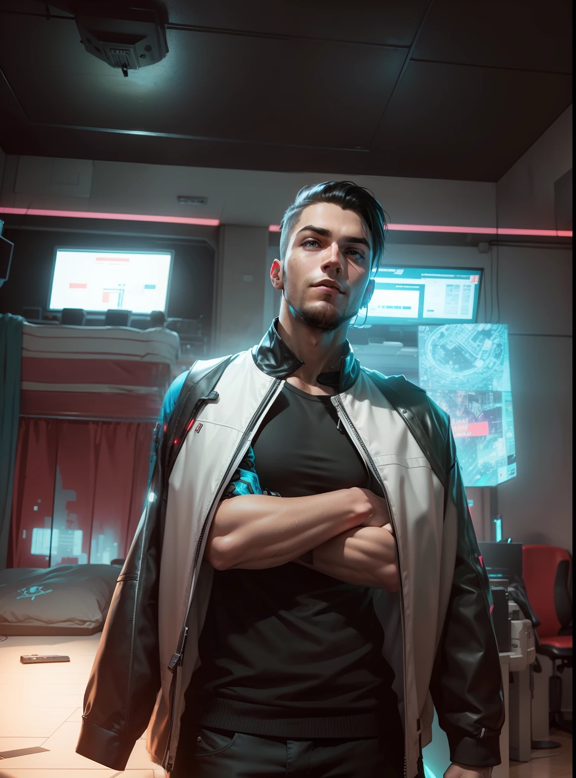 Background gaming room, cyberpunk, handsome, young