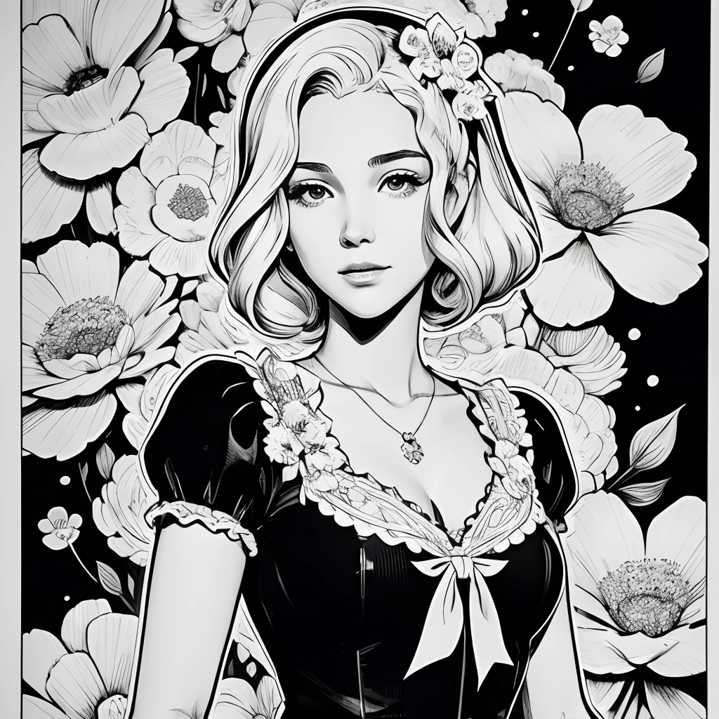 Black and white stick figure 1 girl with flowers, lots of flowers in background, loli in dress with flowers, its fine ink line art, comic style, portrait of ploynesian girl, Marilyn Munroe, Hollywood glam, beautiful line art, black and white comic style, manga style, manga art style, pencil and ink caricature drawing, black and white coloring