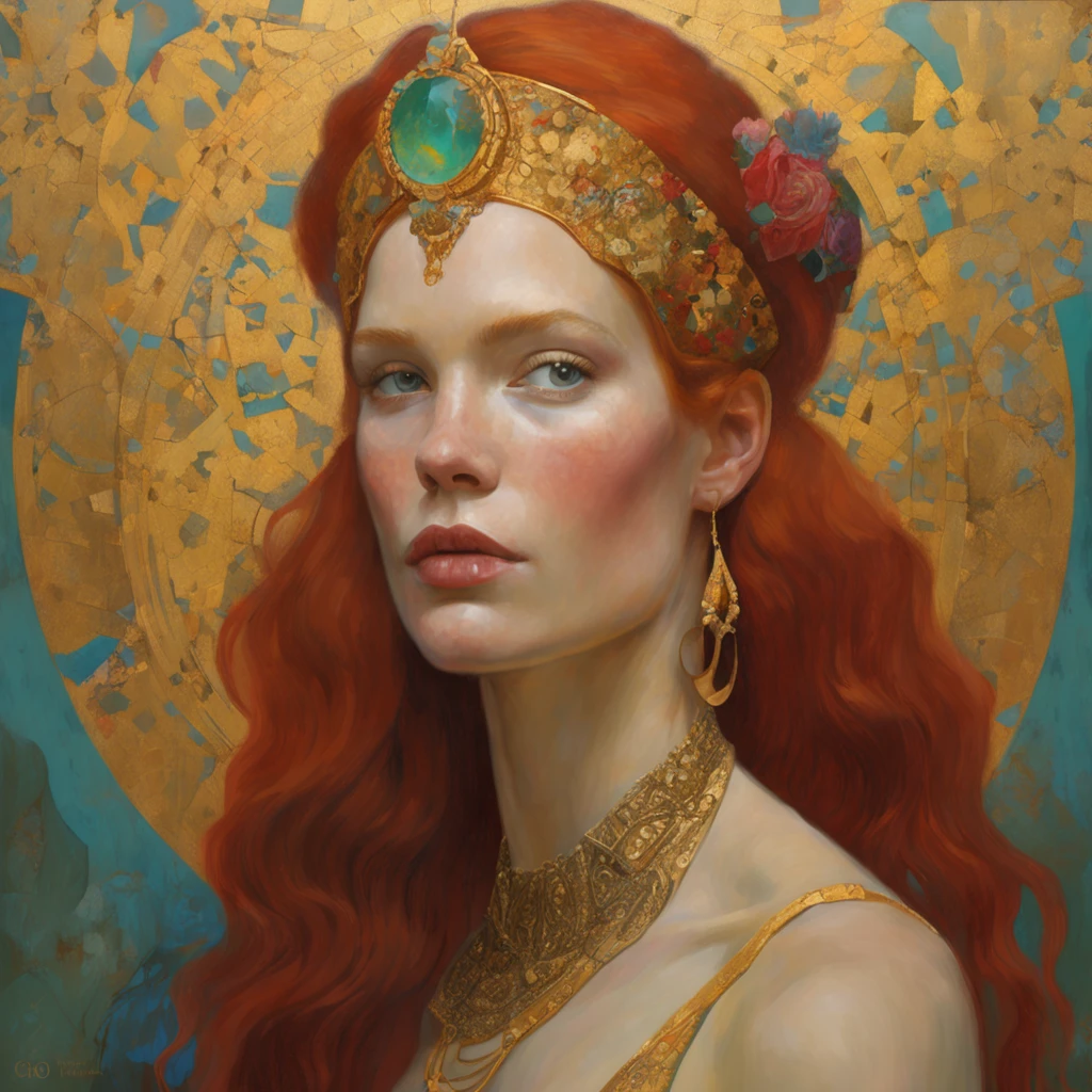 painting of a woman with red hair and gold jewelry, red haired goddess, gustav klimt 4 k, gustav klimt 4k, mucha klimt and tom bagshaw, inspired by James C. Christensen, karol bak uhd, inspired by Victor Nizovtsev, gorgeous digital art, portrait of princess merida, exquisite digital illustration