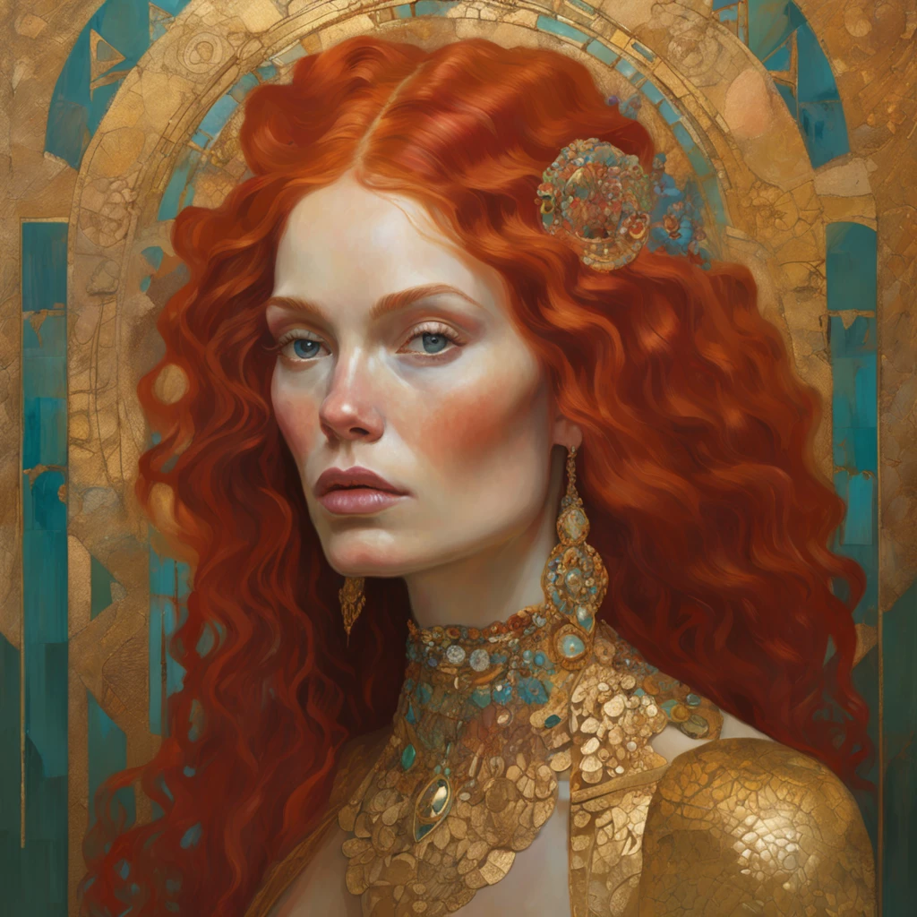 painting of a woman with red hair and gold jewelry, red haired goddess, gustav klimt 4 k, gustav klimt 4k, mucha klimt and tom bagshaw, inspired by James C. Christensen, karol bak uhd, inspired by Victor Nizovtsev, gorgeous digital art, portrait of princess merida, exquisite digital illustration