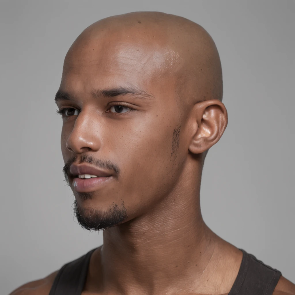 profile of a 23 year old Brazilian man, black, hairless, bald, handsome, sexy, happy