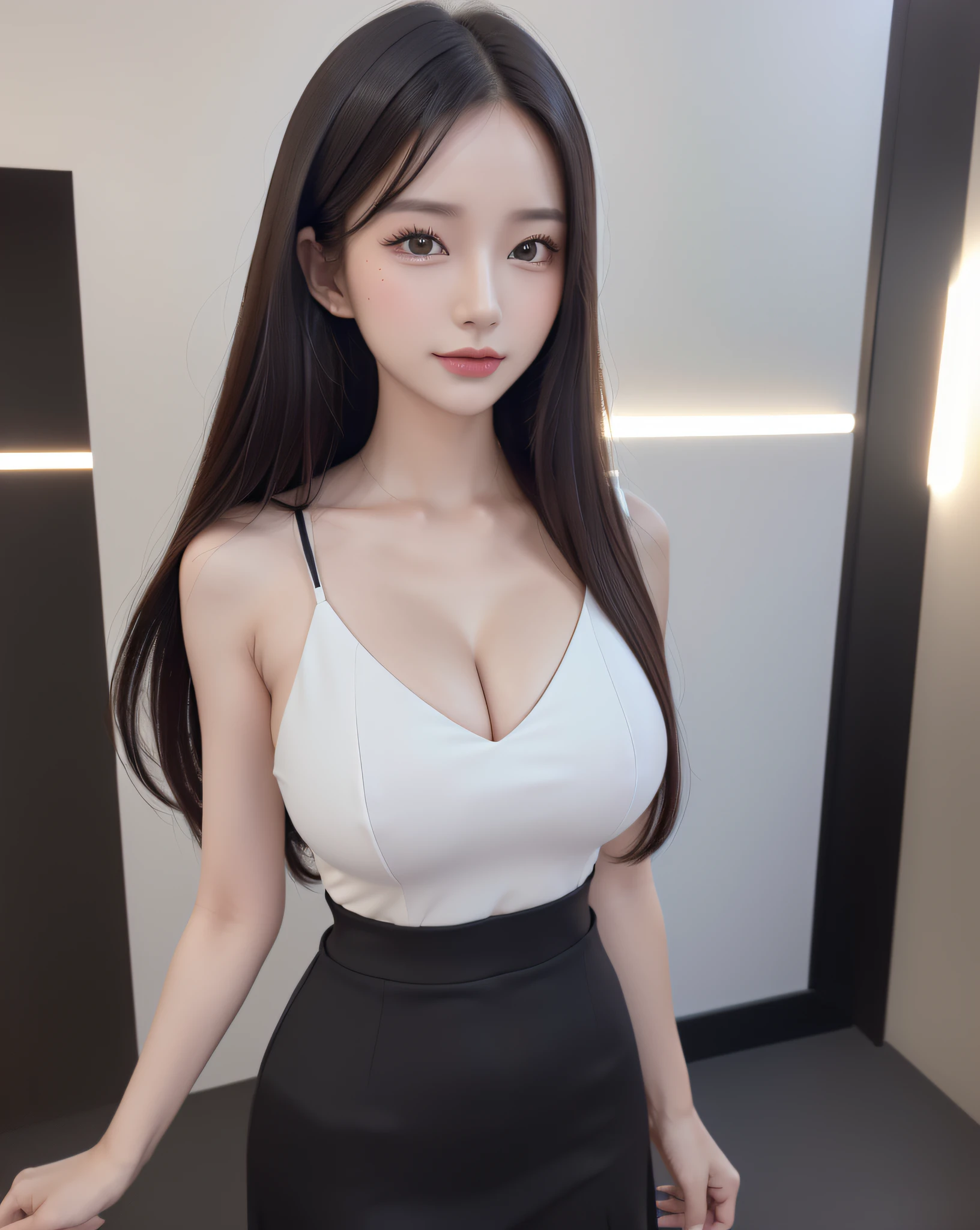 (Best quality, 8k, 32k, Masterpiece, UHD:1.2), (realistic:1.5), (masterpiece, Extremely detailed CG unity 8k wallpaper, best quality, highres:1.2), (ultra detailed, UHD:1.2), Photo of extremely cute and beautiful Japanese woman, (mahogany straight thin hair:1.2), adult, (detailed beautiful girl:1.4), best quality, woman, adult, (light-blue bra;1.3, black high-waist-long-skirt;1.3, high-heel;1.3),  detailed clothes, (detailed weather news studio background:1.3, detailed background:1.3), (light smile:1.35, ;d:1.2, attractive emotion), looking at viewer, facing the viewer, ((perfect female body)), (narrow waist:1.05), (bust-up portrait:1.3), slender, abs, (large breasted:1.35), ((frame the head)), wind, dynamic pose, cinematic light, back light, perfect anatomy, perfect proportion, detailed human body,