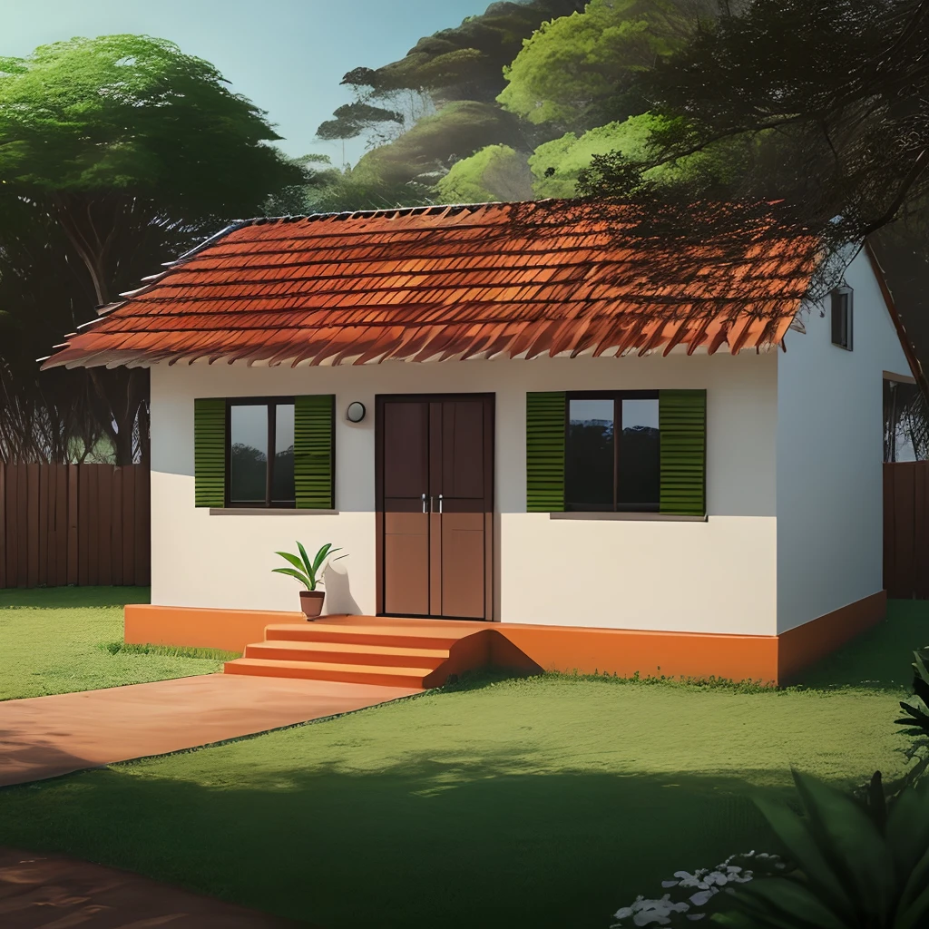 Crie uma imagem realista de uma casa no meio da floresta