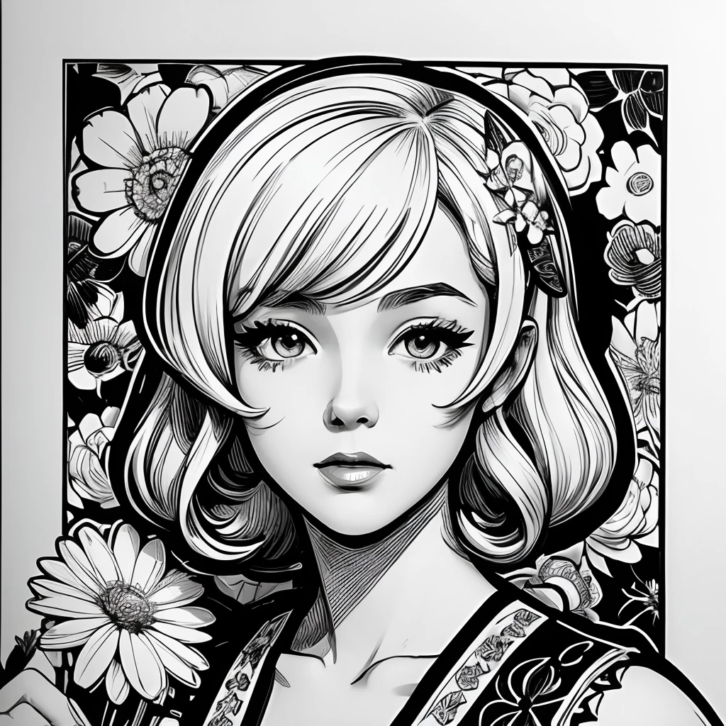 Black and white stick figure 1 girl with flowers,  lots of flowers in background, **** in dress with flowers, its fine ink line art, comic style, portrait of ploynesian girl, Marilyn Munroe, Hollywood glam, beautiful line art, black and white comic style, manga style, manga art style, pencil and ink caricature drawing, black and white coloring