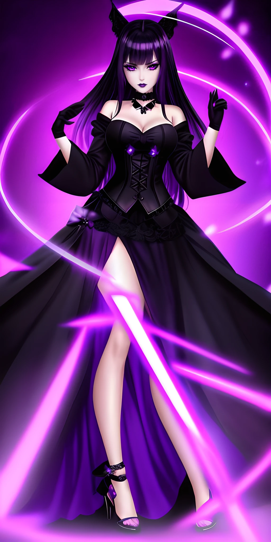 Purple photo room with black dress and woman on purple background, Sensual gloomy style, imvu, second life avatar, lacivious pose, sinister pose, Darkfay, dreamy gothic girl, gothgirl, spellcasting pose, gotik, fashionable dark witch, the witch, secondlife, ((wearing aristocrat robe)), goth vibe