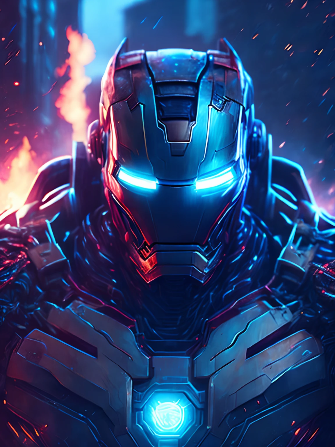 gloomy portrait of Iron Man from Marvel, extremely detailed, futuristic cityscape, nighttime, glowing neon lights, smoke, sparks, metal shavings, flying debris, blue energy effects, volumetric light