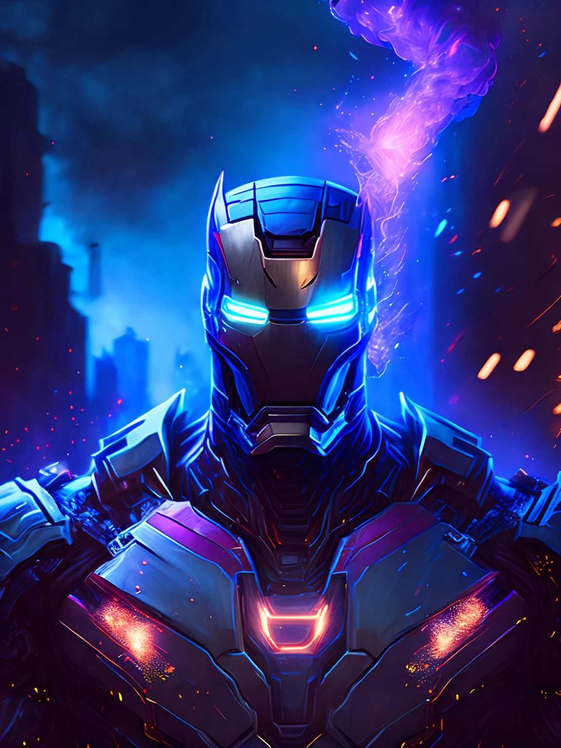 gloomy portrait of Iron Man from Marvel, extremely detailed, futuristic cityscape, nighttime, glowing neon lights, smoke, sparks, metal shavings, flying debris, blue energy effects, volumetric light