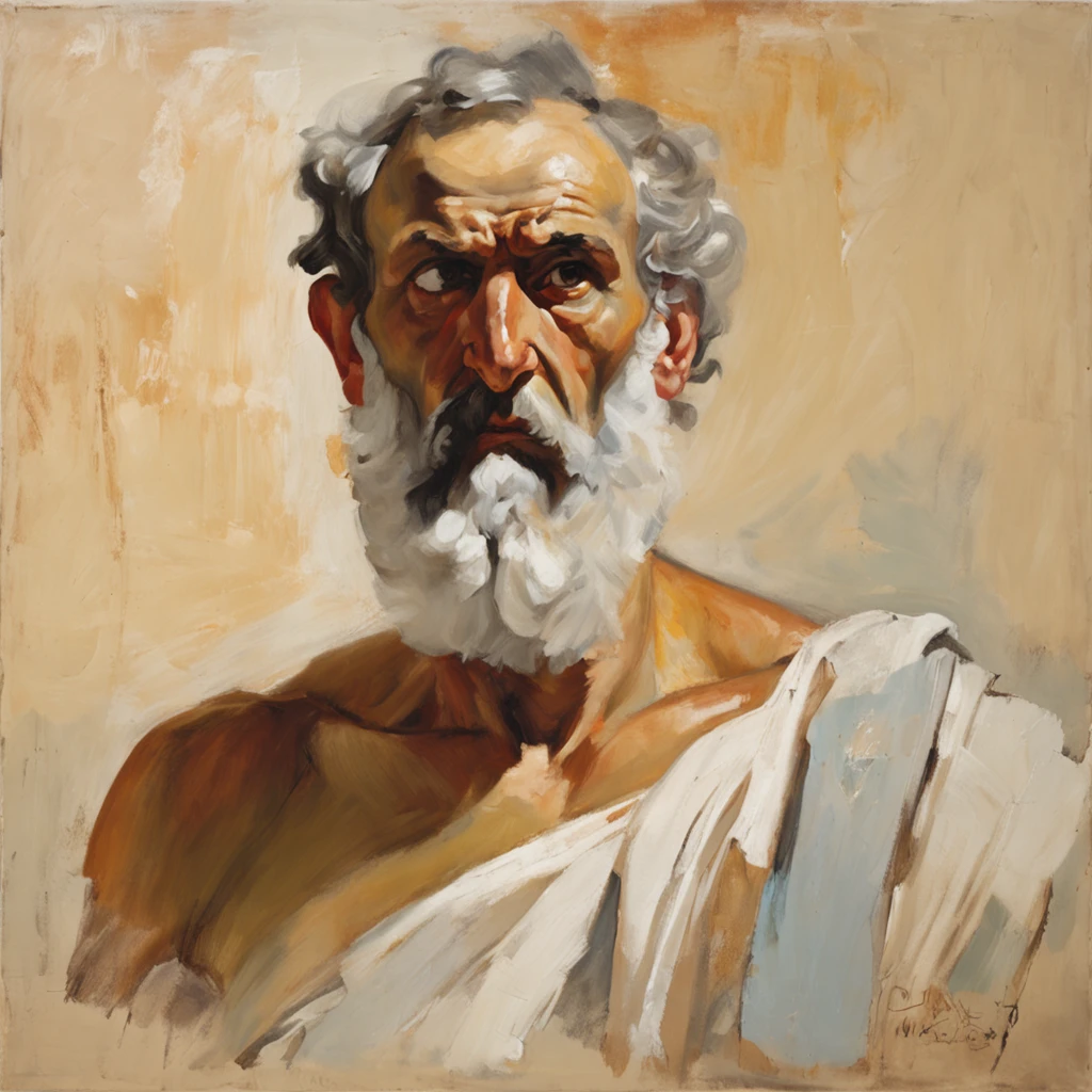 "470 B.C. A middle-aged Greek man, dressed in period clothes, is standing bare-chested. His finger is pointing upwards with an angry expression on his face. He has a full white beard. There is no background in the image. The style of the artwork should resemble that of Jacques-Louis David."