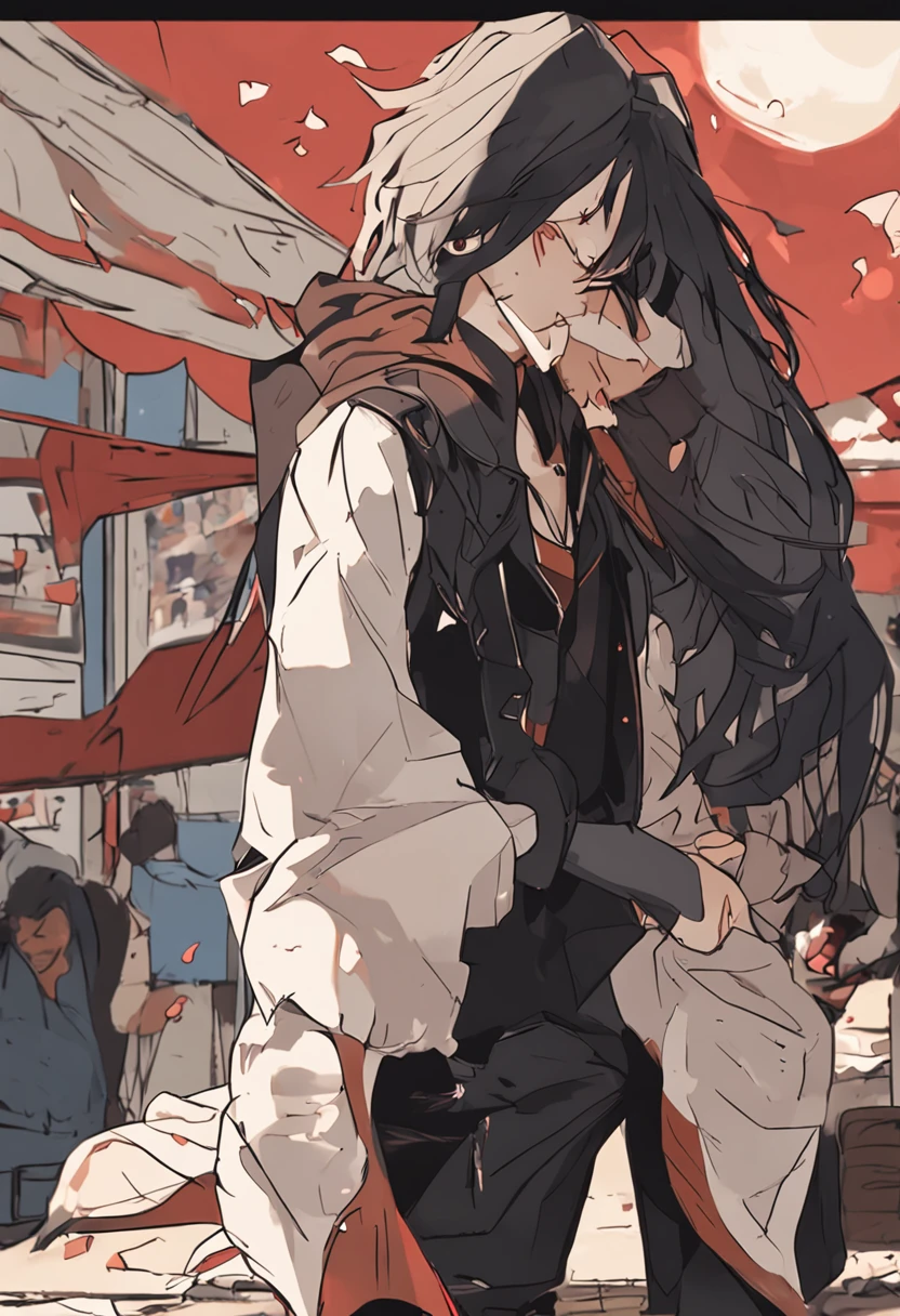 create a biker man, black vest with brown shirt underneath, art anime long black hair, red bandana, stick with nails on the back