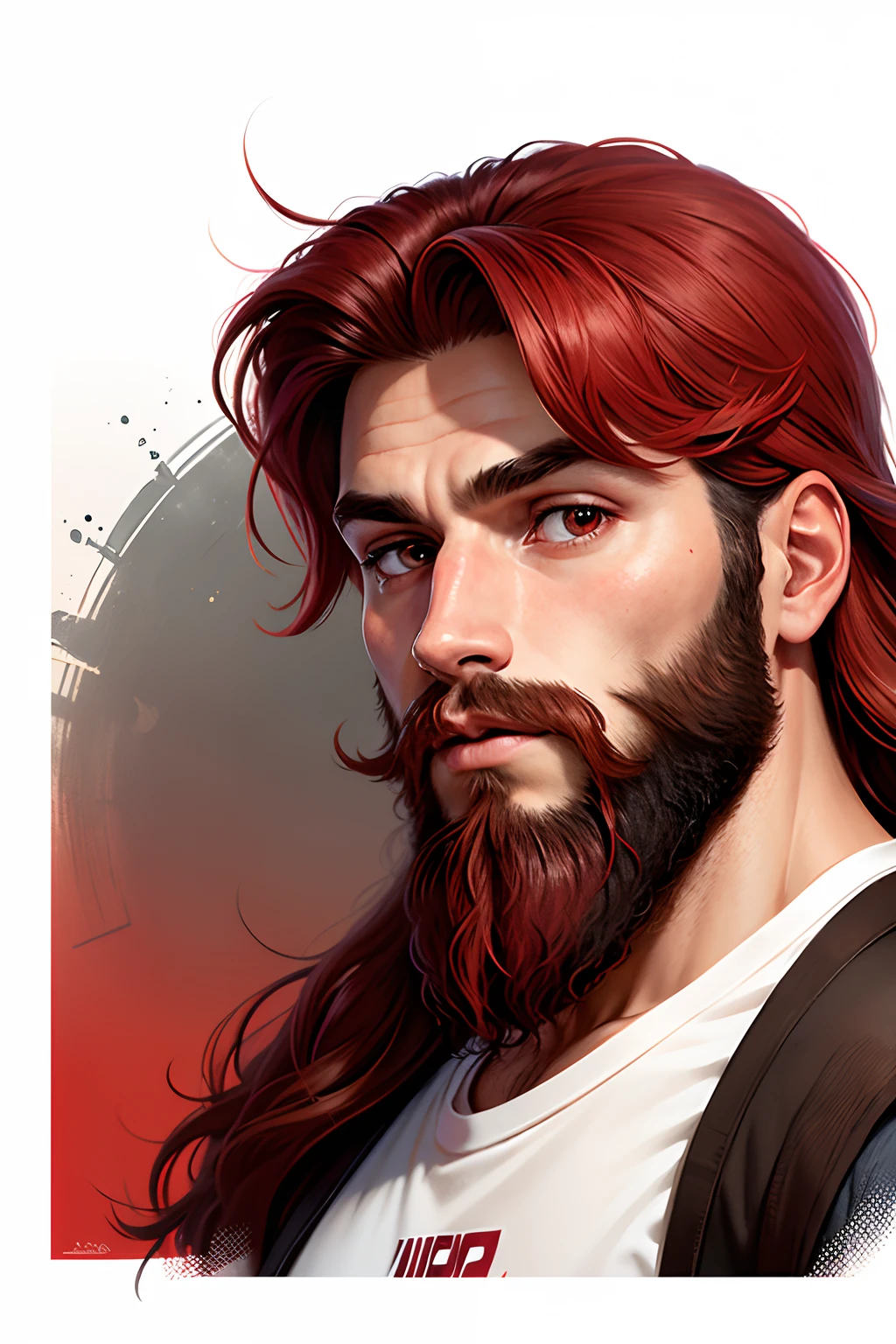1hombre, long beard Brown color, ojos rojos, 32 years old, ((camiseta completamente roja)), ((fondo totalmente blanco))