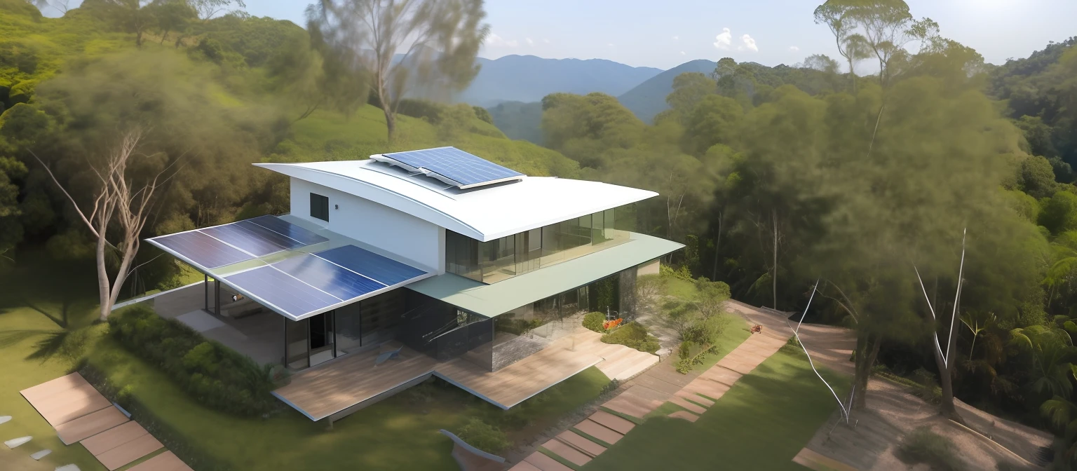 uma vista de uma casa de barro, com um painel solar no telhado, sustainable, com hortas circulares, telhado coberto de musgo, ecovila, vista reduzida, in the midst of fully covered nature, tiro de arial, Vista Ariel, tiro grande angular de cima, Tiro de drone, Vista do drone, visto de cima, ambiente tranquilo, Top view, panning shot, foto tirada de cima, wide aerial shot, movido a energia solar