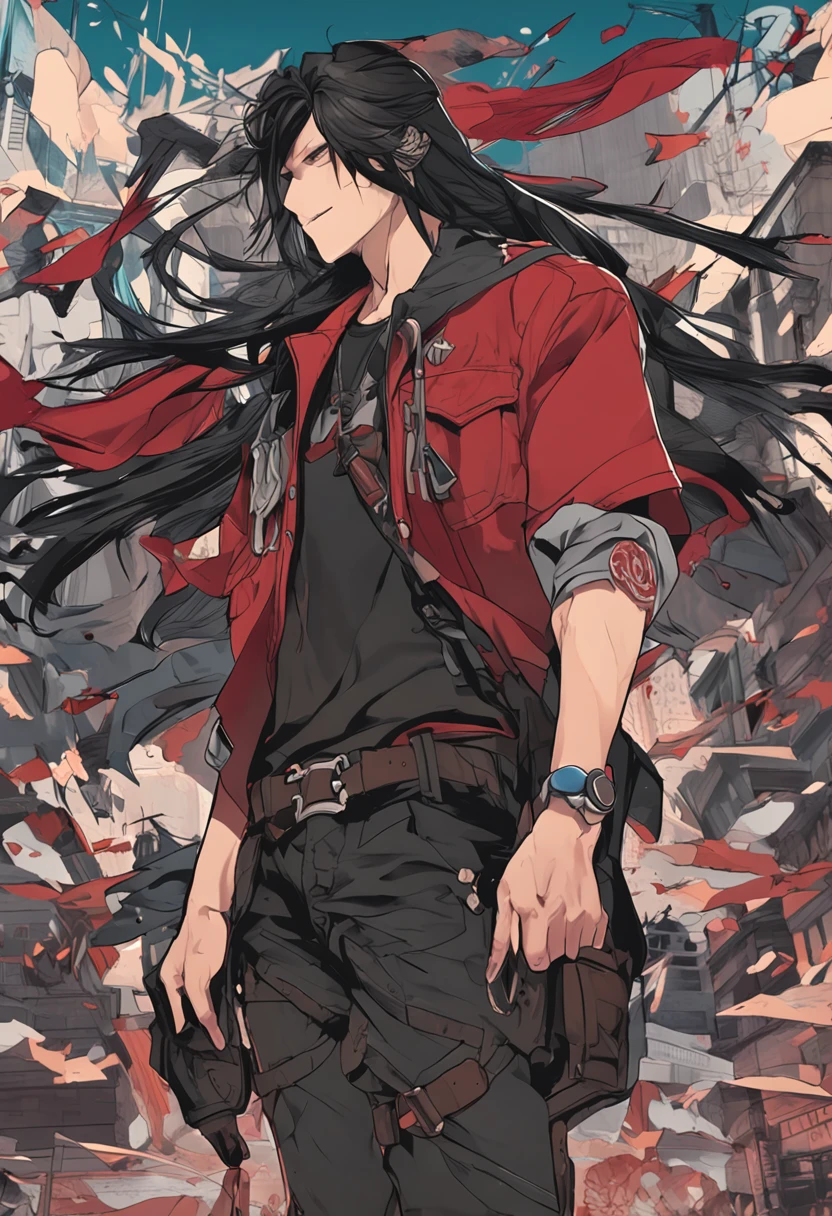 create a biker man, anime art, black vest with brown shirt underneath, art anime long black hair, red bandana, stick with nails on the back