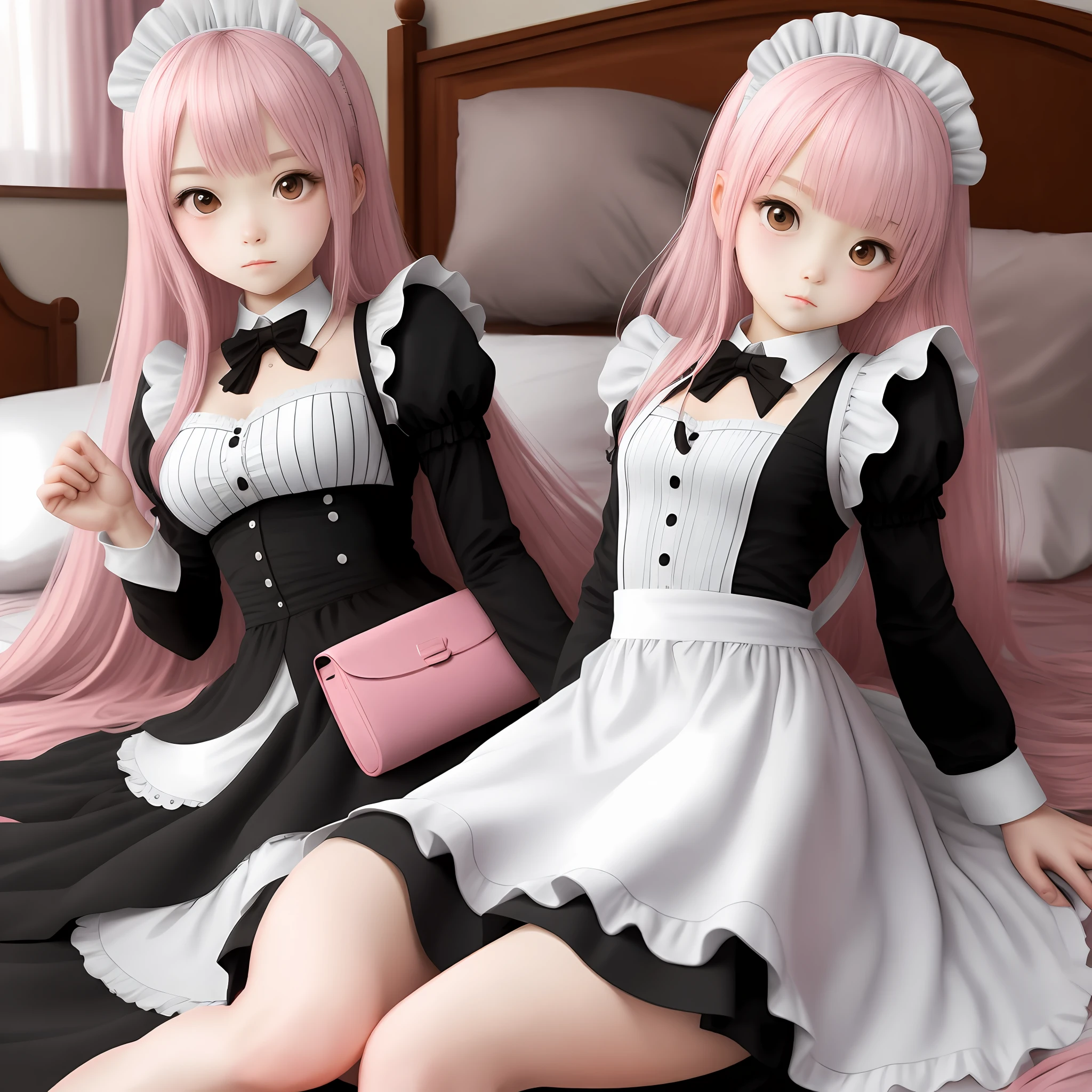Pink loli，the maid outfit，On the side of the bed