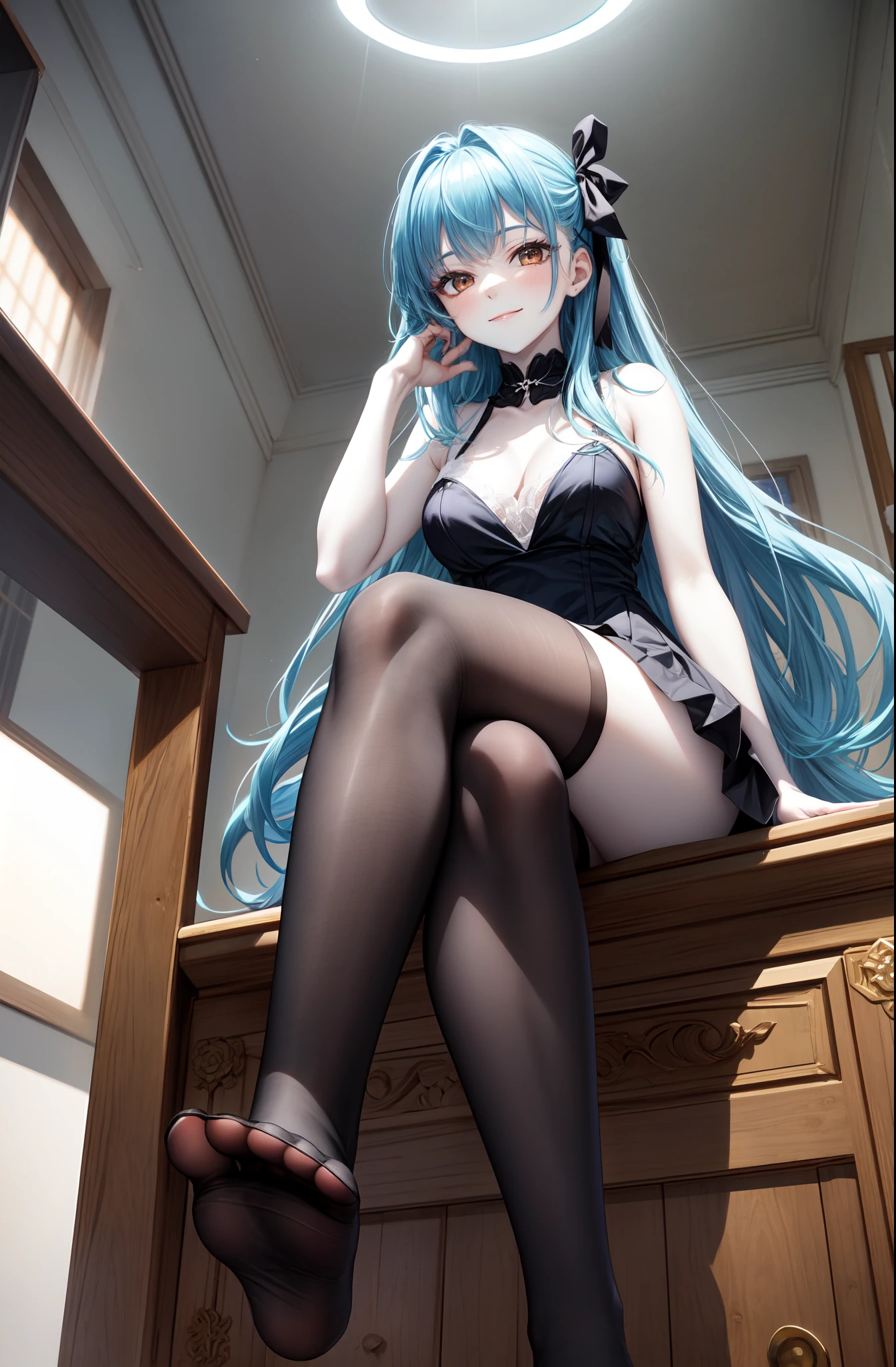 foot towards camera, foot towards viewer, from below, (black thighhighs), showing foot to viewer, (presenting foot), looking at viewer, from below, (hand on own thighs), eyelashes, (pale skin:1.4), anime style, masterpiece, 8k, sharp details, 1girl, solo, light blue hair, full body black dress with skirt, mature female, medium breasts, black side twin hair ribbon, brown eyes, long hair, sleeveless, closed mouth, crossed legs, light smile, sitting