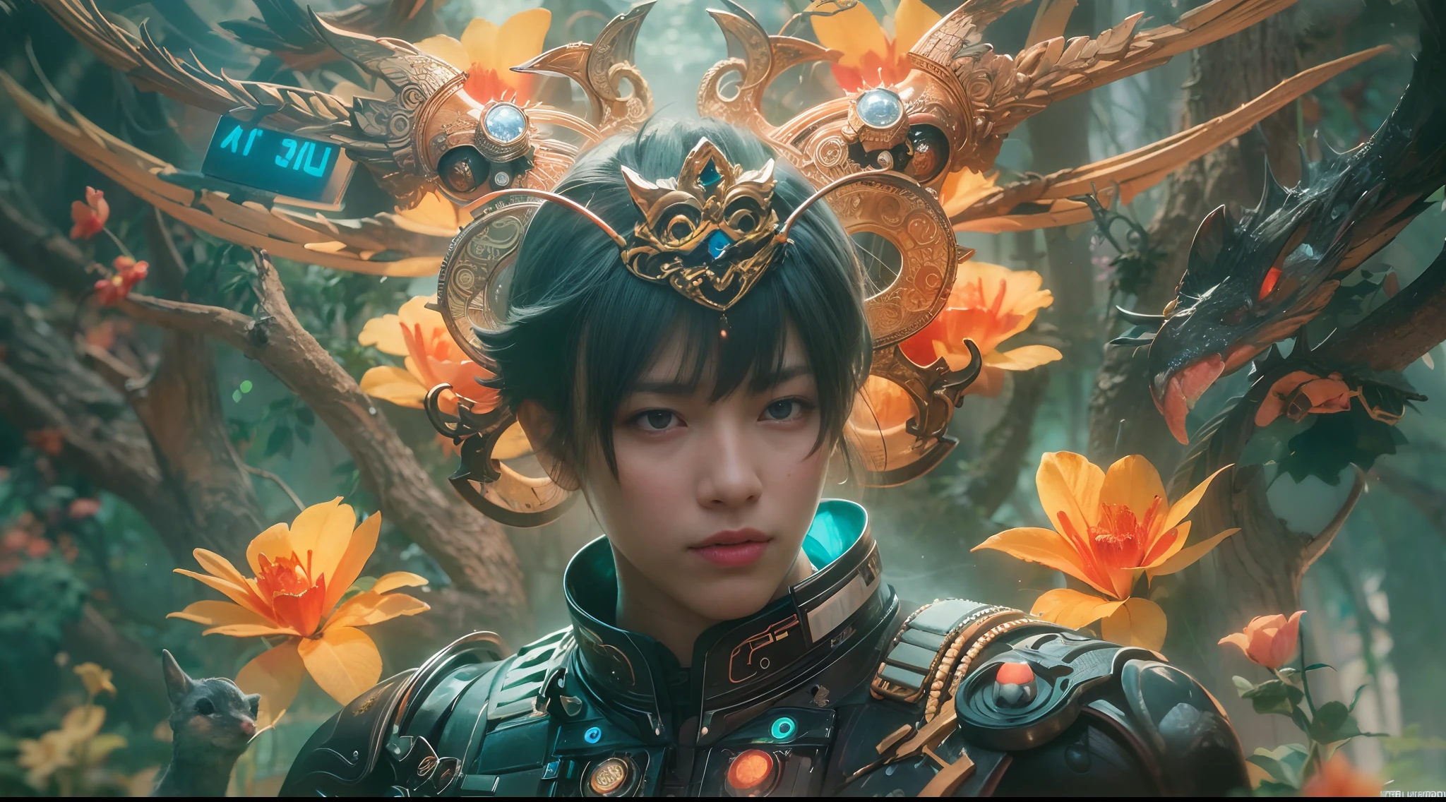 1boy, photo of very very handsome suave smiling young 25-year-old male Chinese prince, clothed in futuristic cybernetic armor, wearing a large futuristic crown, walking in an ethereal enchanted forest with neon glowing flowers and a rainbow in the sky, sci-fi, intricate, neon light, ((perfect face)), ((perfect hands)), ((perfect body)), ((correct anatomy)), ((ultra-realistic)), ((8k, UHD)), highly detailed, digital painting, artstation, concept art, human anatomy, soft light, smooth, illustration, art by tian zi and craig mullins and WLOP and alphonse mucha