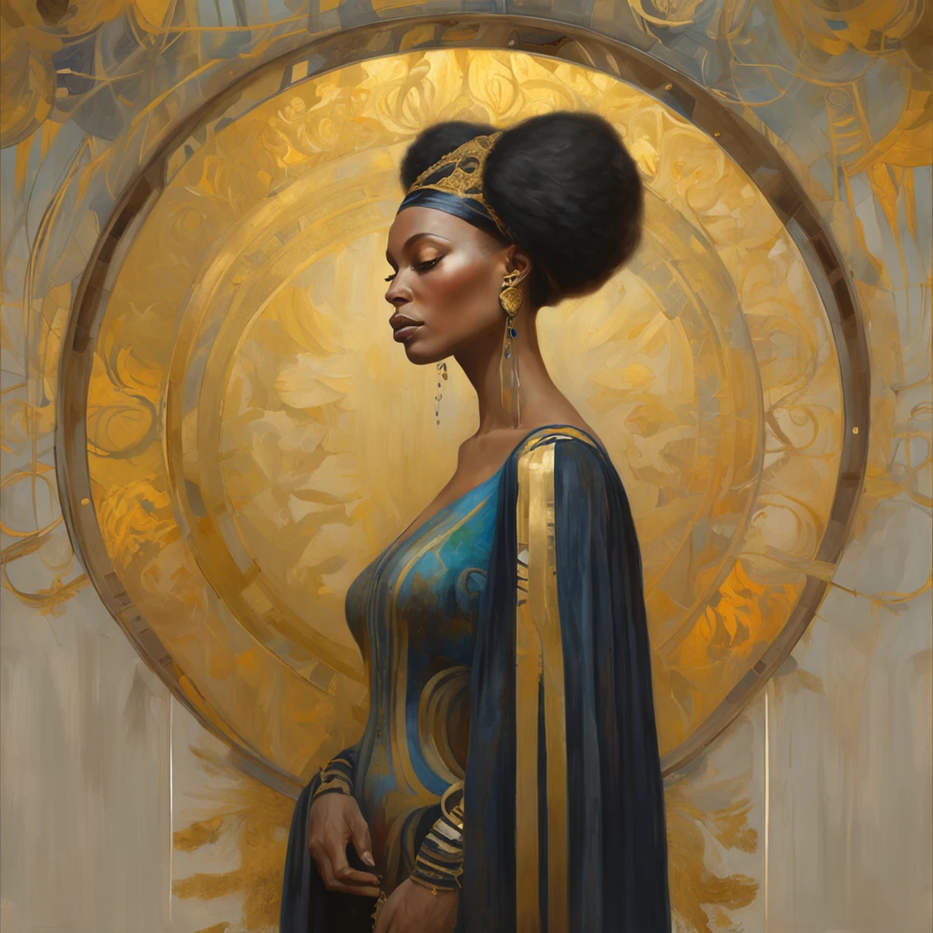 a painting of a woman with a golden headdress and a black dress, Mucha Klimt et Tom Bagshaw, Bel art UHD 4 K, 4k highly detailed digital art, exquisite digital illustration, WLOP complexe, art nouveau! Cyberpunk! style, 4k detailed digital art, Mucha style 4K, Jen Bartel, cyberpunk art nouveau