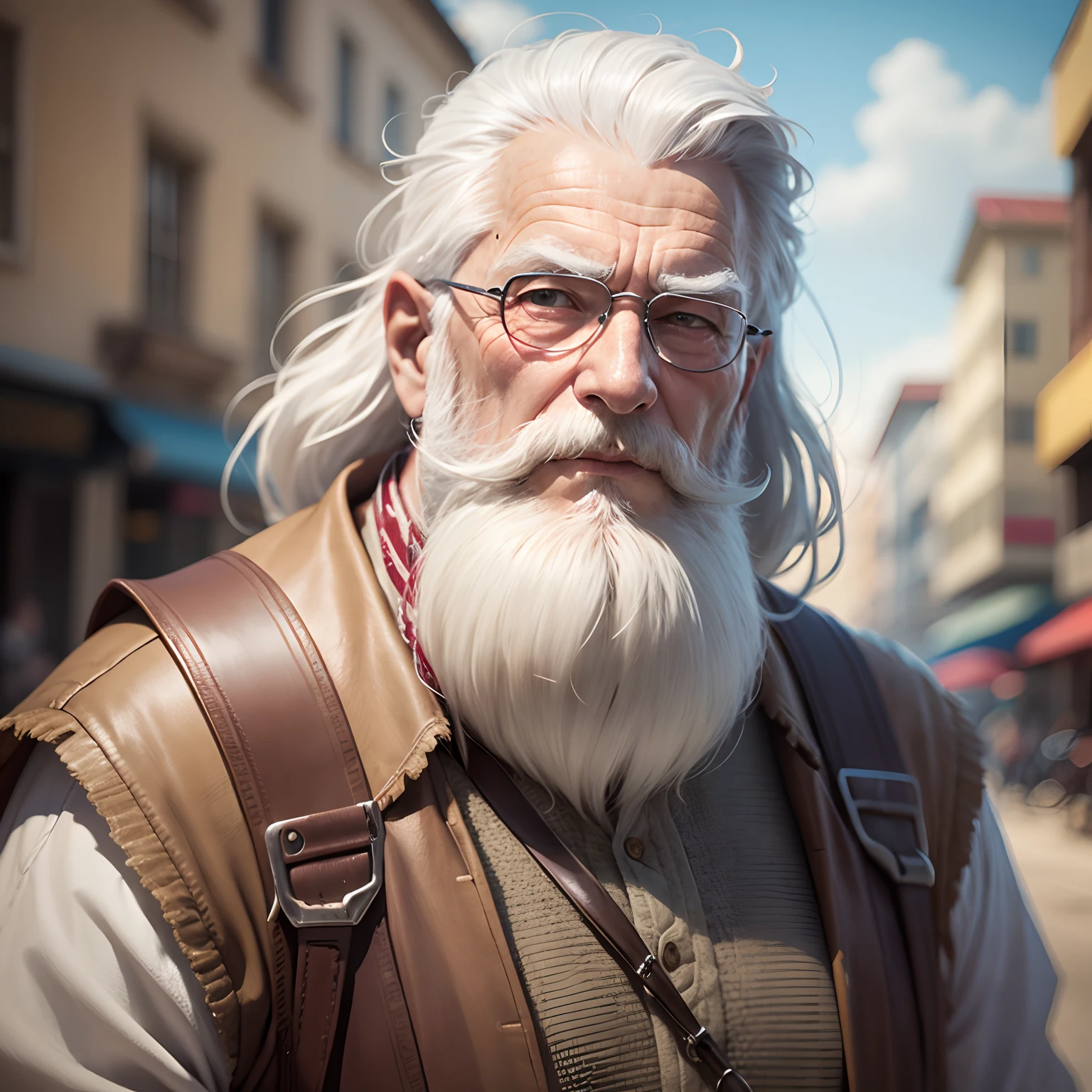 an elder with a beard and white hair, com rosto sereno, olhar produndo, numa cidade deserta --auto --s2