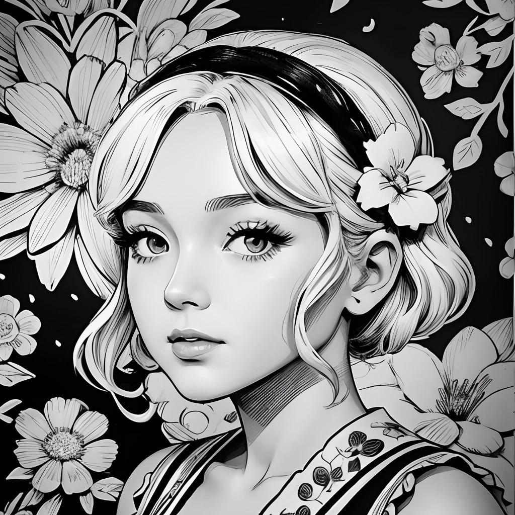 Black and white stick figure 1 girl with flowers, lots of flowers in background, in dress with flowers, its fine ink line art, comic style, portrait of ploynesian girl, Marilyn Munroe, Hollywood glam, beautiful line art, black and white comic style, manga style, manga art style, pencil and ink caricature drawing, black and white coloring