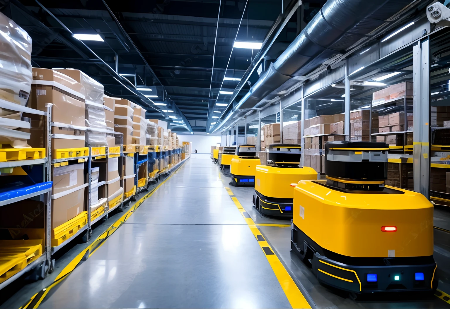 Warehouse with white robots in random positions moving boxes, Interior of a huge factory, in a warehouse, fotografia, robot machinery, 8 mil 4 mil, 8k 4k, industrial robots, robot machinery, foto de alta qualidade, octa 8k