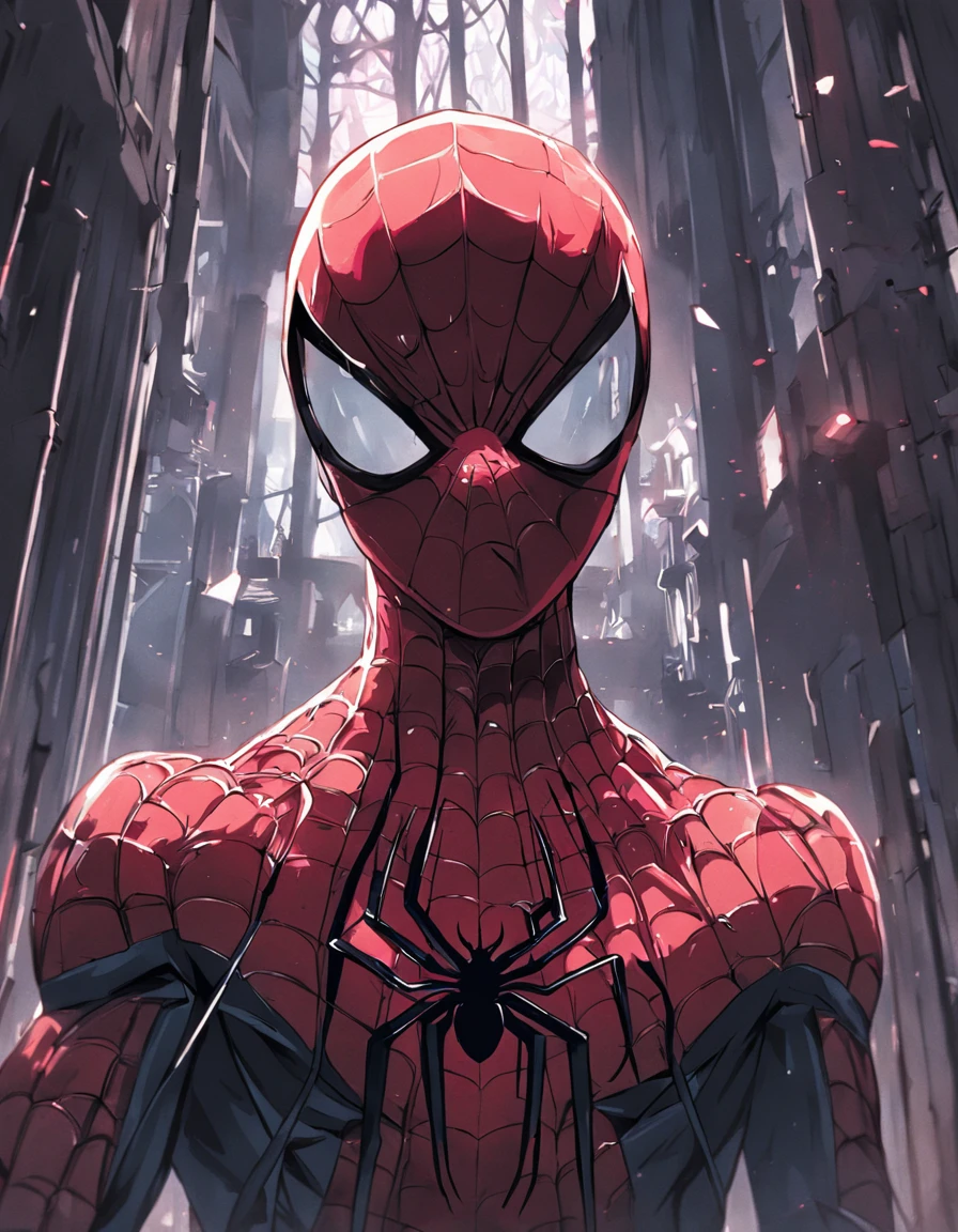 gloomy portrait of Bloody Spider-Man from Marvel with intricate angular cybernetic implants inside a brutalist building, gothic brutalist cathedral, cyberpunk, award-winning photo, bokeh, neon lights, cybernetic limb