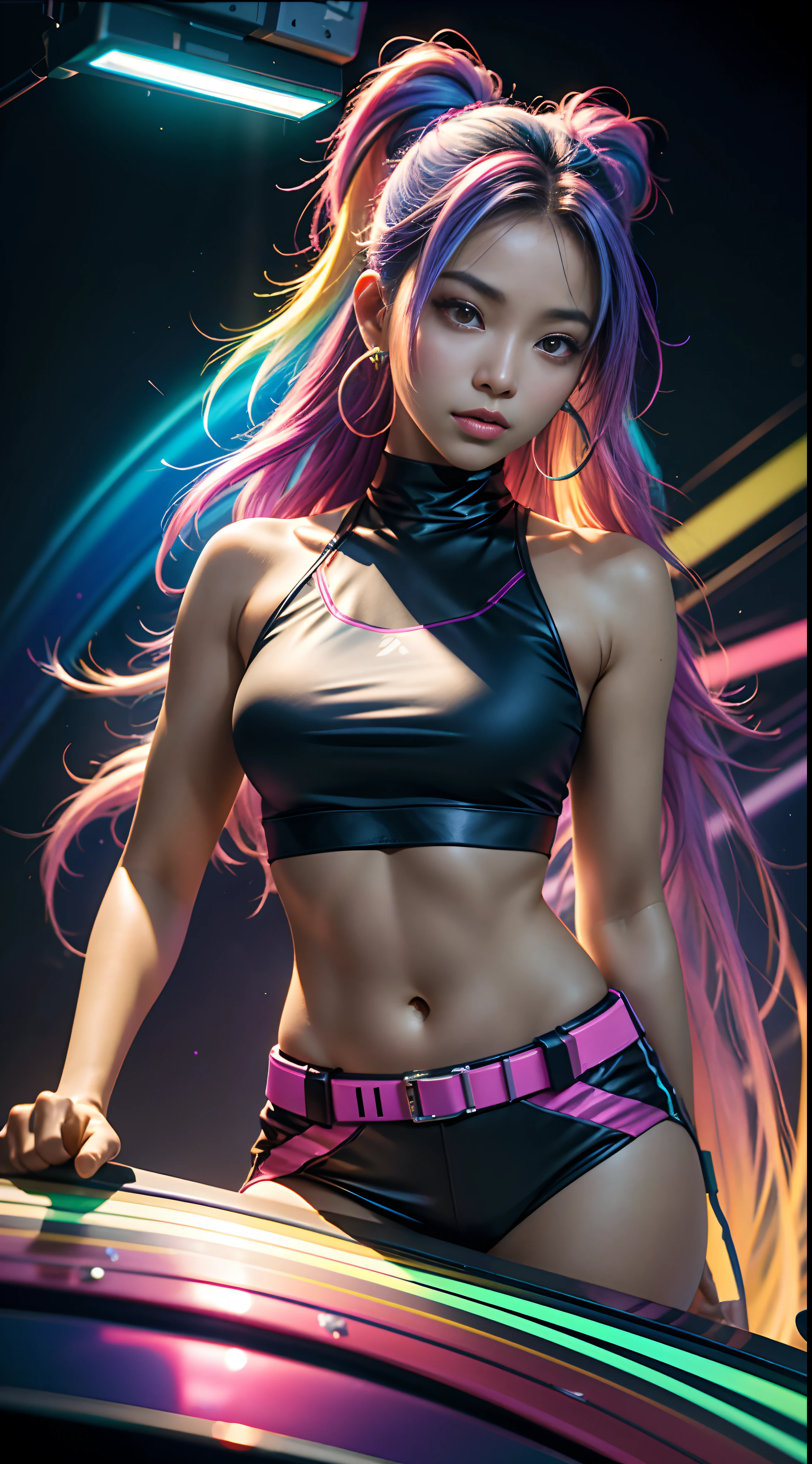 mulher arafed (Asian African American))with long rainbow hair and a neon cyberpunk tank top, retrato, Ela tem um rosto bonito, Imagens da Webcam, clivagem, peituda, sexy look at the camera, Fotografado na webcam, 4 8 0 p, 480p, Seu peito, she's facing the camera, gorgeous female, fundo do clube de discoteca, RGB, LED Rave Lighting