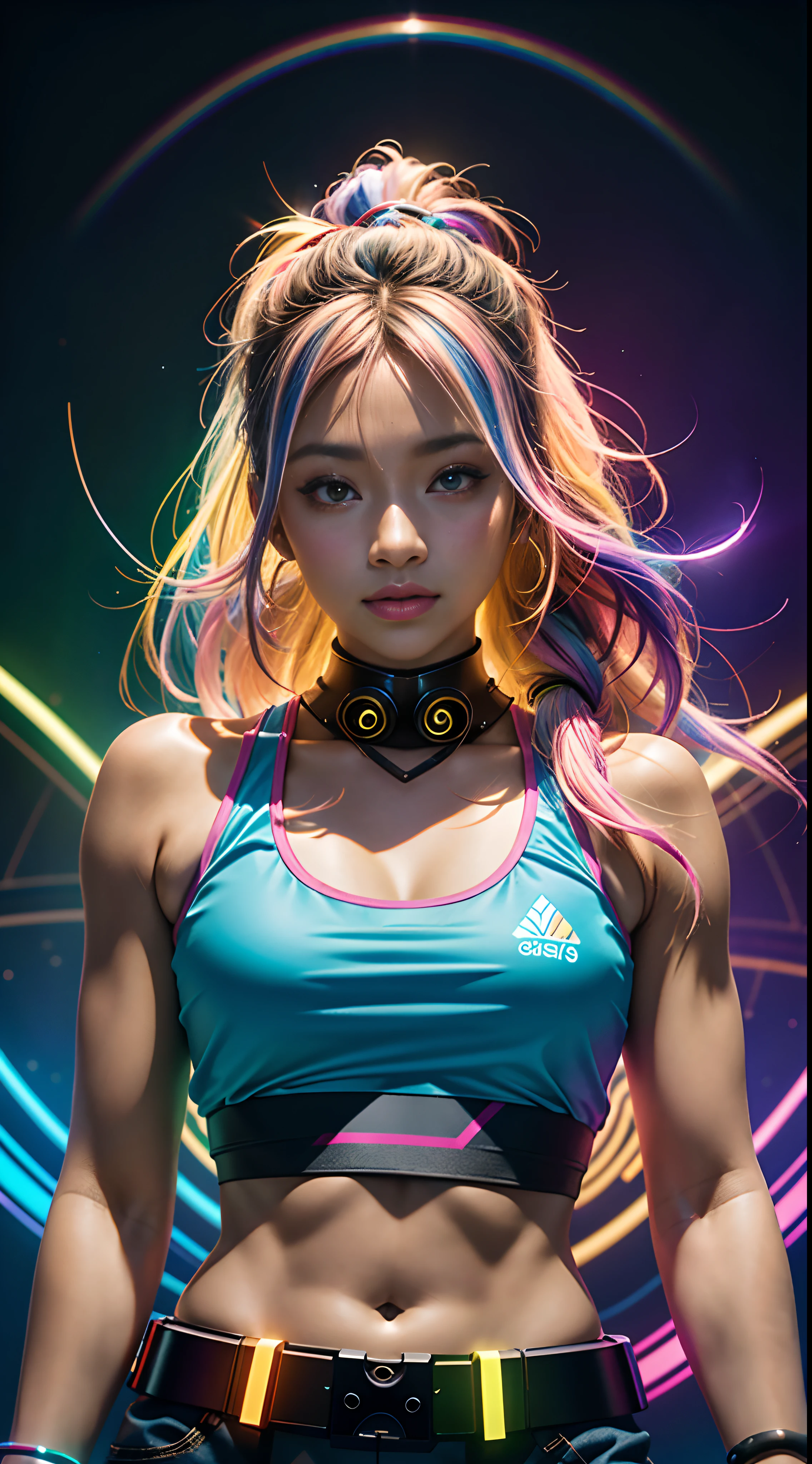 mulher arafed (Asian African American))with long rainbow hair and a neon cyberpunk tank top, retrato, Ela tem um rosto bonito, Imagens da Webcam, clivagem, peituda, sexy look at the camera, Fotografado na webcam, 4 8 0 p, 480p, Seu peito, she's facing the camera, gorgeous female, fundo do clube de discoteca, RGB, LED Rave Lighting