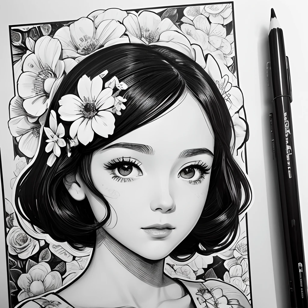 Black and white stick figure 1 girl with flowers, lots of flowers in background, loli in dress with flowers, its fine ink line art, comic style, portrait of ploynesian girl, Marilyn Munroe, Hollywood glam, beautiful line art, black and white comic style, manga style, manga art style, pencil and ink caricature drawing, black and white coloring