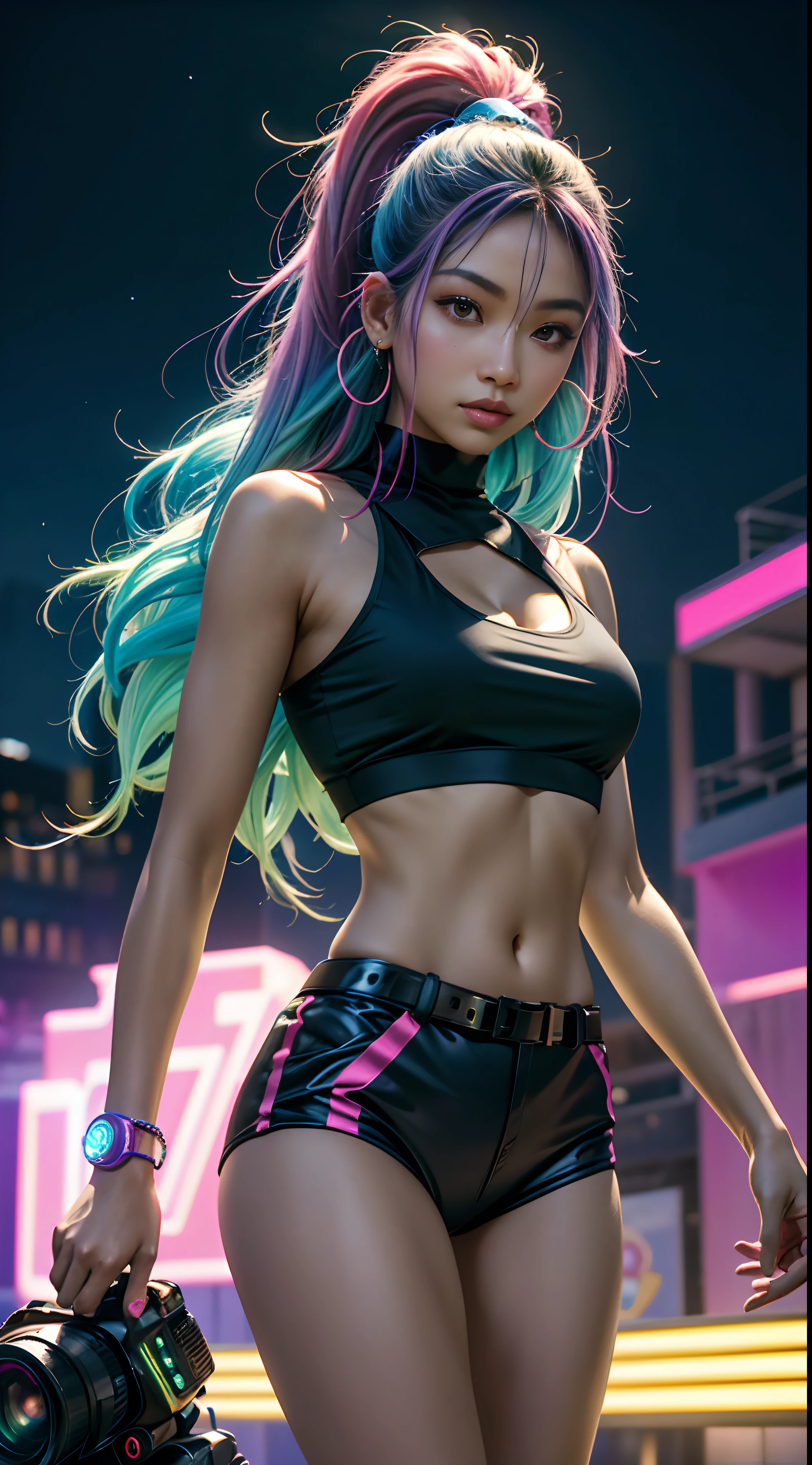 mulher arafed (Asian African American))with long rainbow hair and a neon cyberpunk tank top, retrato, Ela tem um rosto bonito, Imagens da Webcam, clivagem, peituda, sexy look at the camera, Fotografado na webcam, 4 8 0 p, 480p, Seu peito, she's facing the camera, gorgeous female, fundo do clube de discoteca, RGB, LED Rave Lighting