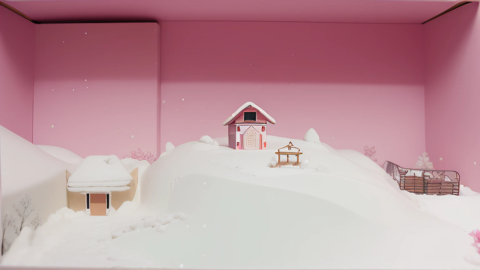 Um Celeiro cor de rosa na neve. Cardboard box on the bottom. Maquete. Uma maquete de um celeiro cor de rosa na neve. Muita neve.