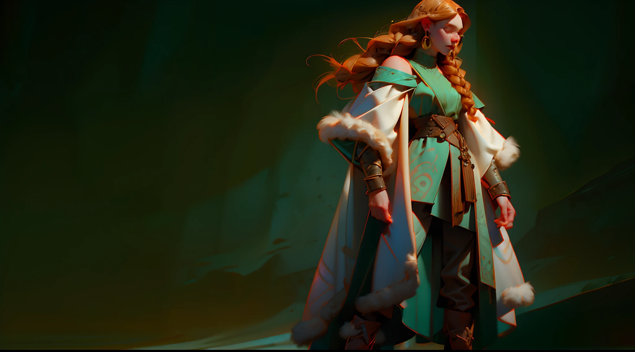 One female, Muscular, strong. Emerald green eyes; ginger brown hair with Viking braid mullet. Tribal facial makeup, Viking, Fur hanging from belt, pants, Fur cloak hanging on one shoulder. Shoulder pad armor, Leather strap top, winter boots
