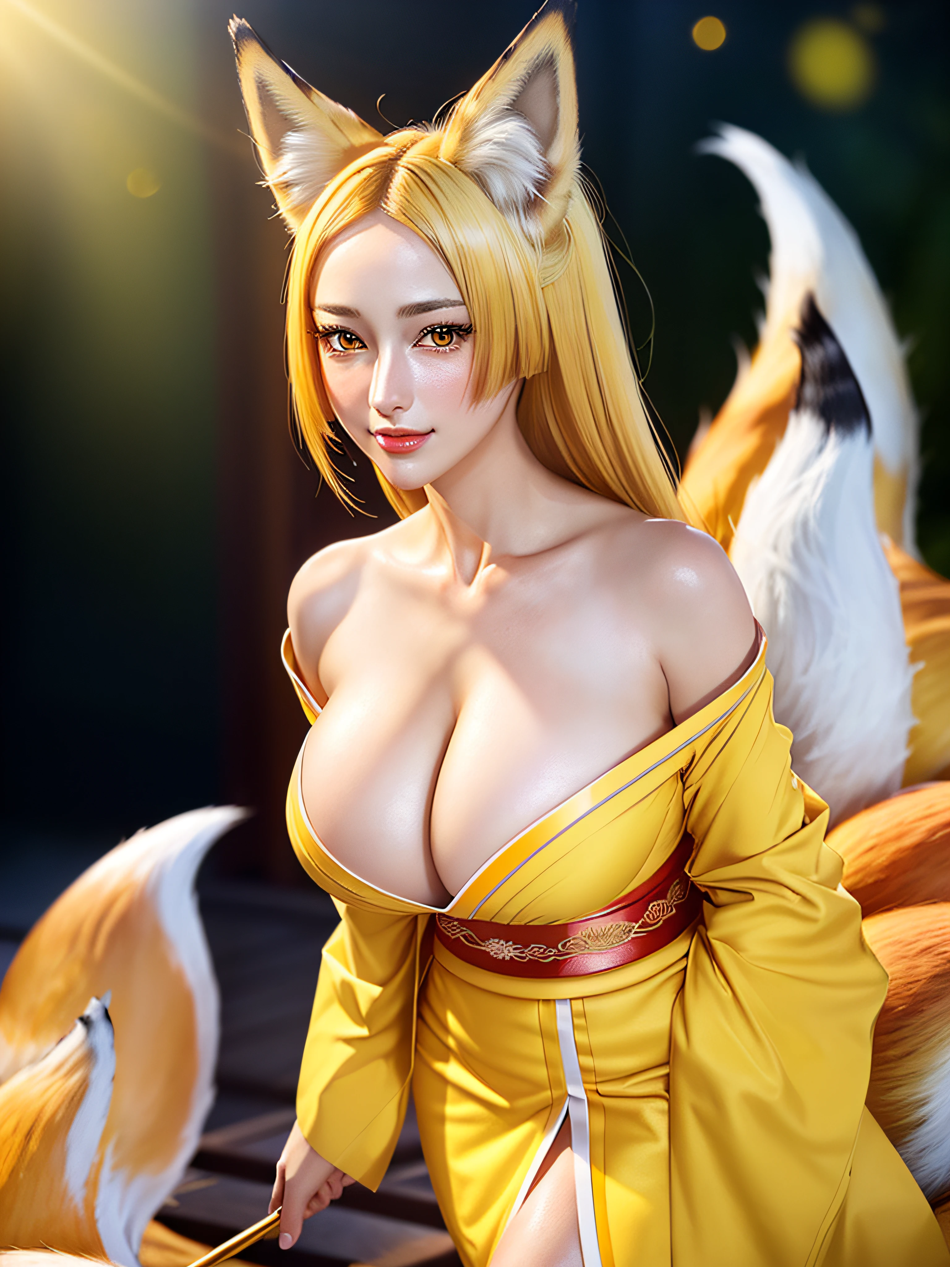 1girl, (ultra detailed), masterpiece, best quality, extremely detailed, sharp focus, (full body:1.3), (looking at viewer:1.3), (light smile:0.5), waving, empty hands, (slim thighs:0.5), pink lipstick, yasaka,
(yellow japanese clothes:1.3), animal ears, fox ears, (multiple tails, fox tails:1.3), fox girl,
Manga, 30yo female, Beautiful body, Beautiful Nose, Beautiful character design, perfect eyes, perfect face,
extremely detailed CG unity 8k wallpaper, perfect lighting, Colorful, Bright_Front_face_Lighting,
(masterpiece:1.0), (best quality:1.0), ultra high res, 4K, ultra-detailed,
photography, 8K, HDR, highres, absurdres:1.2, Kodak portra 400, film grain, blurry background, bokeh:1.2, lens flare, (vibrant color:1.2),
(Beautiful, large Breasts, cleavage:1.4), (beautiful face:1.5), (narrow waist), jpd body, (slim girl:1.4), yellow yukata, long sleeves,
