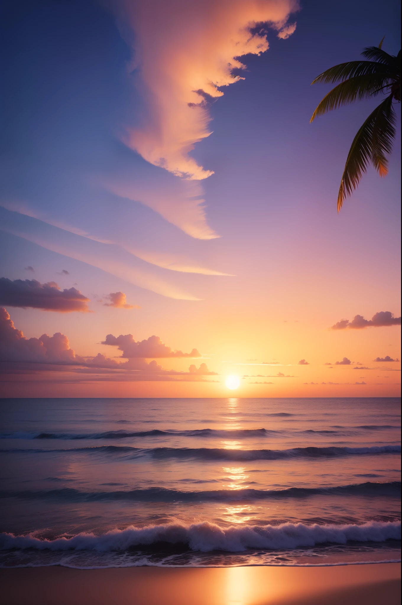 stunning sunset on a tropical beach. The sky is painted in hues of orange, pink and purple as the sun gently sets over the horizon. The calm waves of the sea reflect the colors of the sky, creating a sense of peace and tranquility. Palm trees rise along the shoreline, adding an exotic touch to the landscape. The golden sand is illuminated by the last rays of sunlight, creating a magical glow. A perfect scene to relax and enjoy the beauty of nature