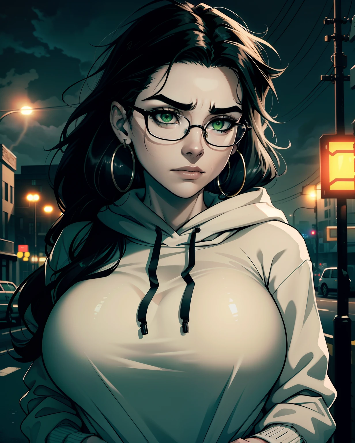 Best quality, volumetric lighting, cinematic lighting, masterpiece, ultra high res, 4k, (soft round detailed face), (sad expression), (detailed green eyes), thick eyebrows, depressed, melancholy, (wearing rounded glasses), (very pale light skin), detailed black hair, ((long messy greasy hair)), (black hoodie), hoop earrings, hands in pockets, unwashed, unkempt, disheveled, sodium streetlamps, midnight, dark clouds