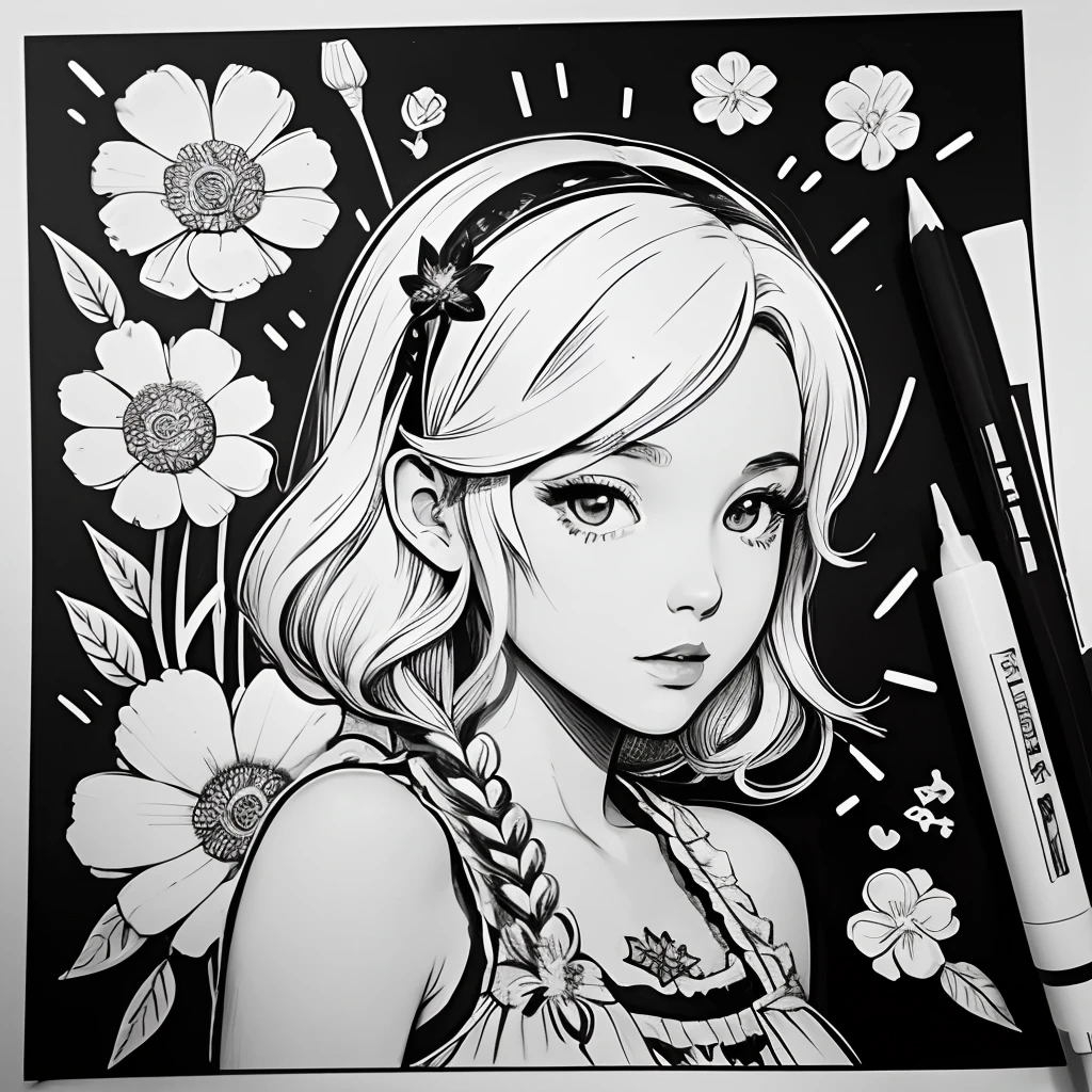 Black and white stick figure 1 girl with flowers,  lots of flowers in background, loli in dress with flowers, its fine ink line art, comic style, portrait of ploynesian girl, Marilyn Munroe, Hollywood glam, beautiful line art, black and white comic style, manga style, manga art style, pencil and ink caricature drawing, black and white coloring