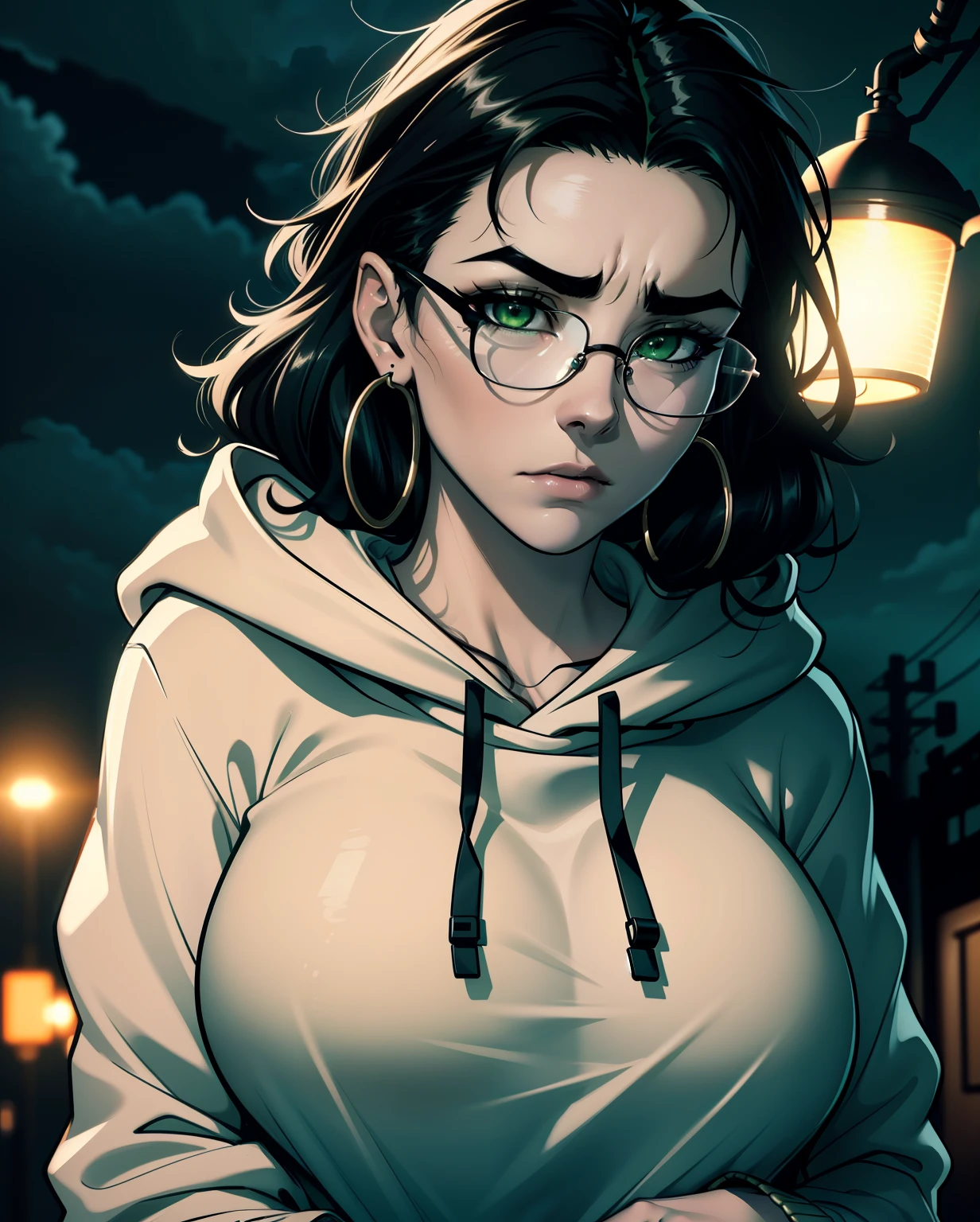 Best quality, volumetric lighting, cinematic lighting, masterpiece, ultra high res, 4k, (soft round detailed face), (sad expression), (detailed green eyes), thick eyebrows, depressed, melancholy, (wearing rounded glasses), (very pale light skin), detailed black hair, ((long messy greasy hair)), (black hoodie), hoop earrings, hands in pockets, unwashed, unkempt, disheveled, sodium streetlamps, midnight, dark clouds