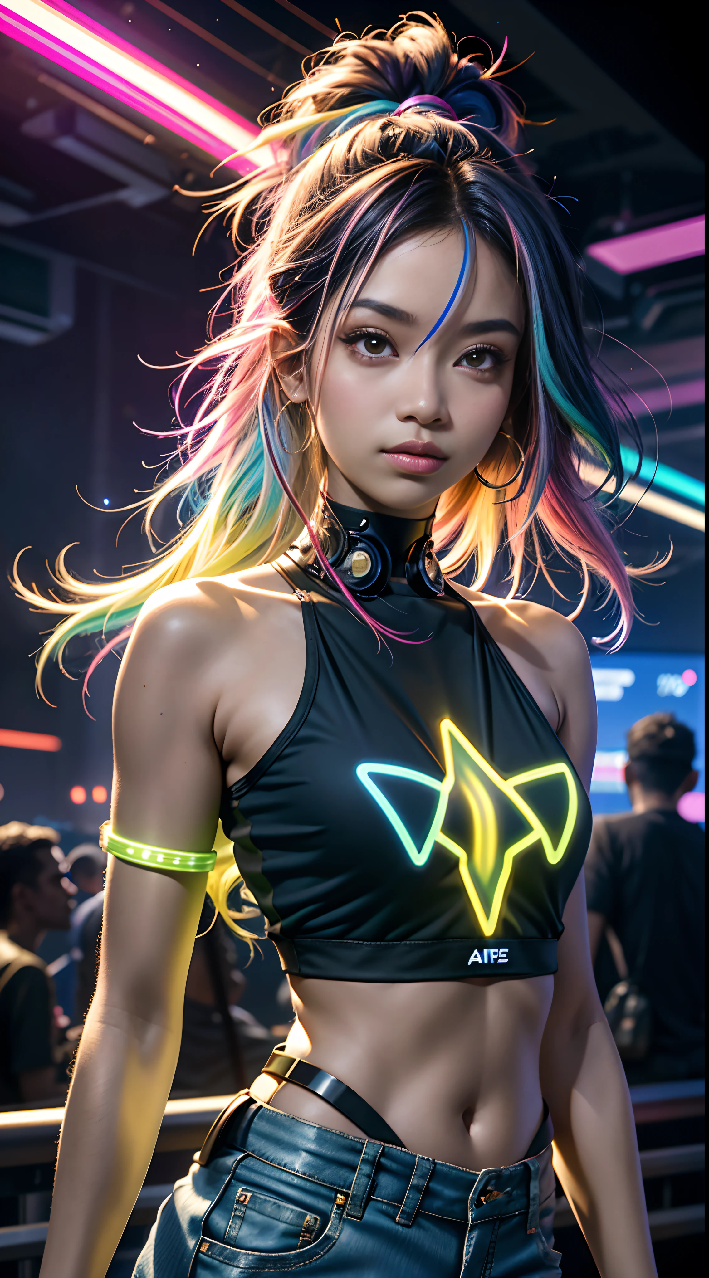 mulher arafed (Asian African American))with long rainbow hair and a neon cyberpunk tank top, retrato, Ela tem um rosto bonito, Imagens da Webcam, clivagem, peituda, sexy look at the camera, Fotografado na webcam, 4 8 0 p, 480p, Seu peito, she's facing the camera, gorgeous female, fundo do clube de discoteca, RGB, LED Rave Lighting