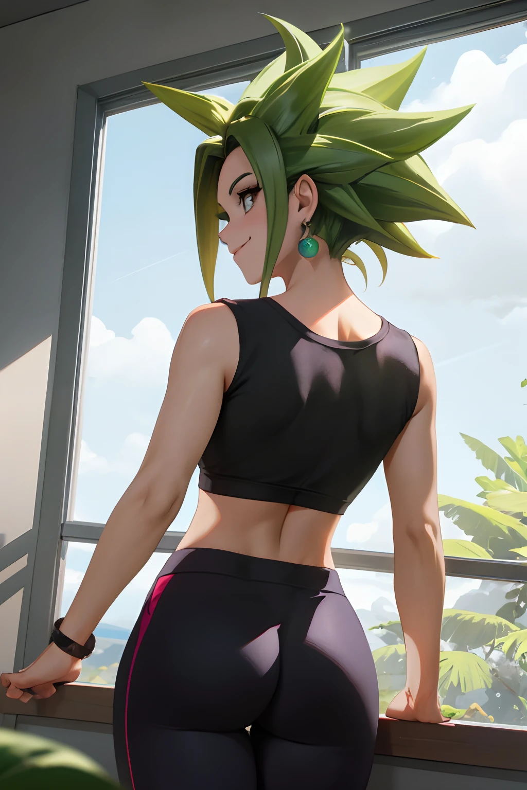 (melhor qualidade,tmasterpiece), cabelos verdes, brincos verdes, Yoga pants for, yoga bom, pele apertada, smug, sorrir, Kefla, seios grandes, cintura fina, The light from the back window is backlighted,Espalhe as pernas,Atire de baixo