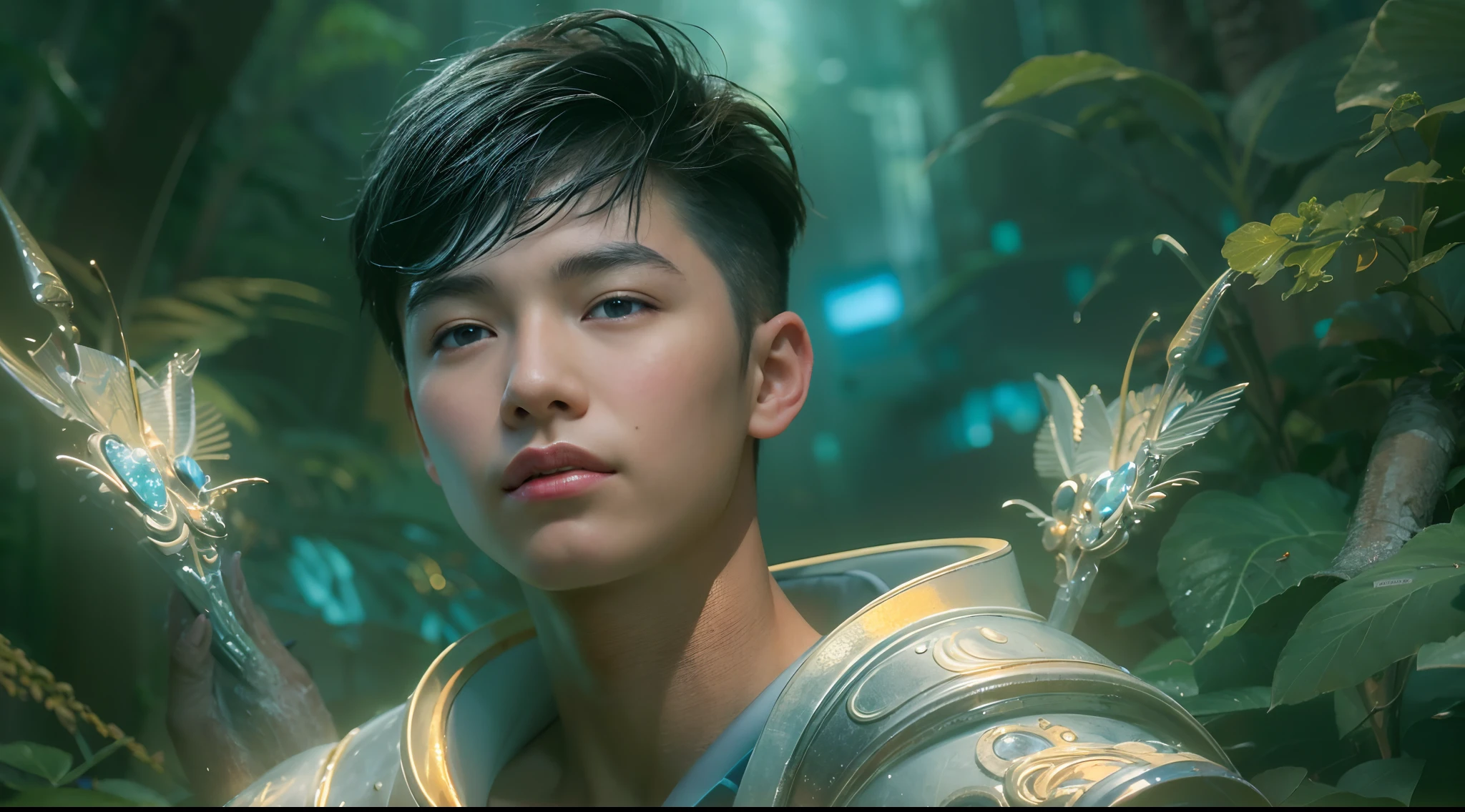 1boy, photo of very very handsome suave smiling young 25-year-old male Chinese prince, clothed in futuristic cybernetic armor, wearing a large futuristic crown, walking in an ethereal enchanted forest with neon glowing flowers and a rainbow in the sky, sci-fi, intricate, neon light, ((perfect face)), ((perfect hands)), ((perfect body)), ((correct anatomy)), ((ultra-realistic)), ((8k, UHD)), highly detailed, digital painting, artstation, concept art, human anatomy, soft light, smooth, illustration, art by tian zi and craig mullins and WLOP and alphonse mucha