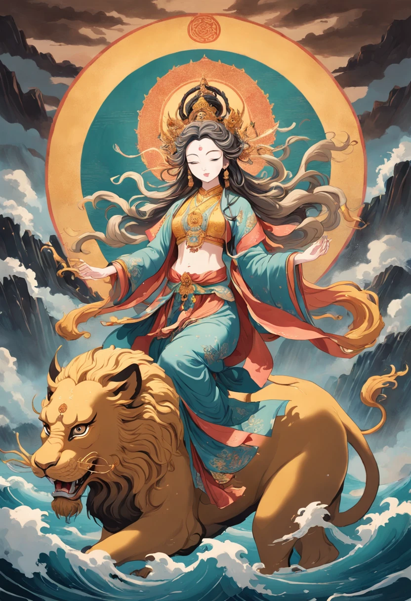 an ancient Chinese goddess, guanyin of the southern seas, Guanyin, Inspired by India, Avalokiteshvara rides a lion,,Serene expression,shui mo hua,Buddha,Buddhist,Lotus,Chinese painting style,Thangka style