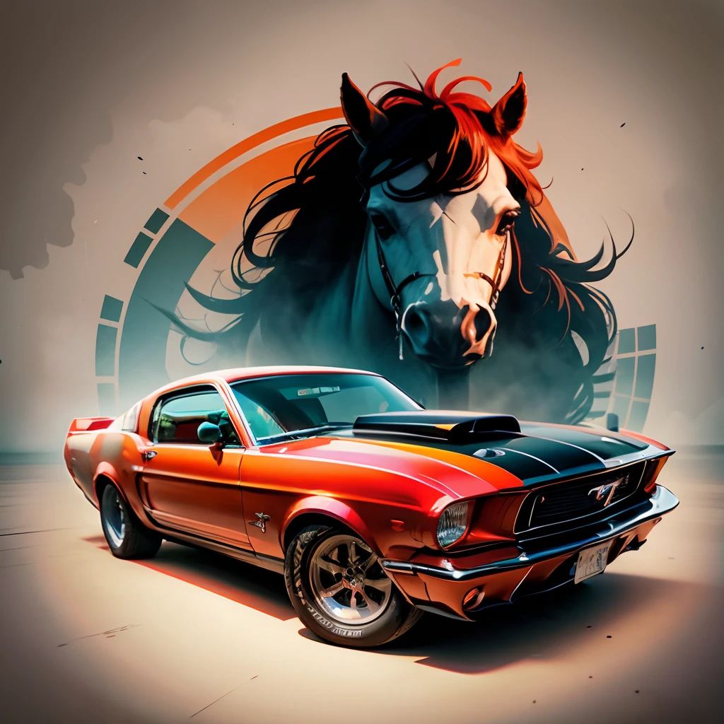illustration logo style of a muscle car mustang, american flag, bright colors, high definition, fine details, pro vector --auto --s2